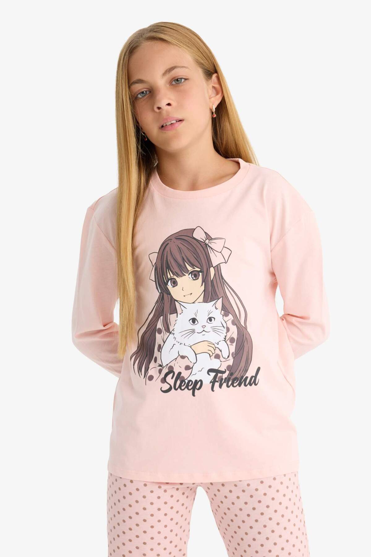 DeFacto-Girls Pajamas Set Printed Long Sleeve Top with Pattern Long Bottom F6169A825Au 4
