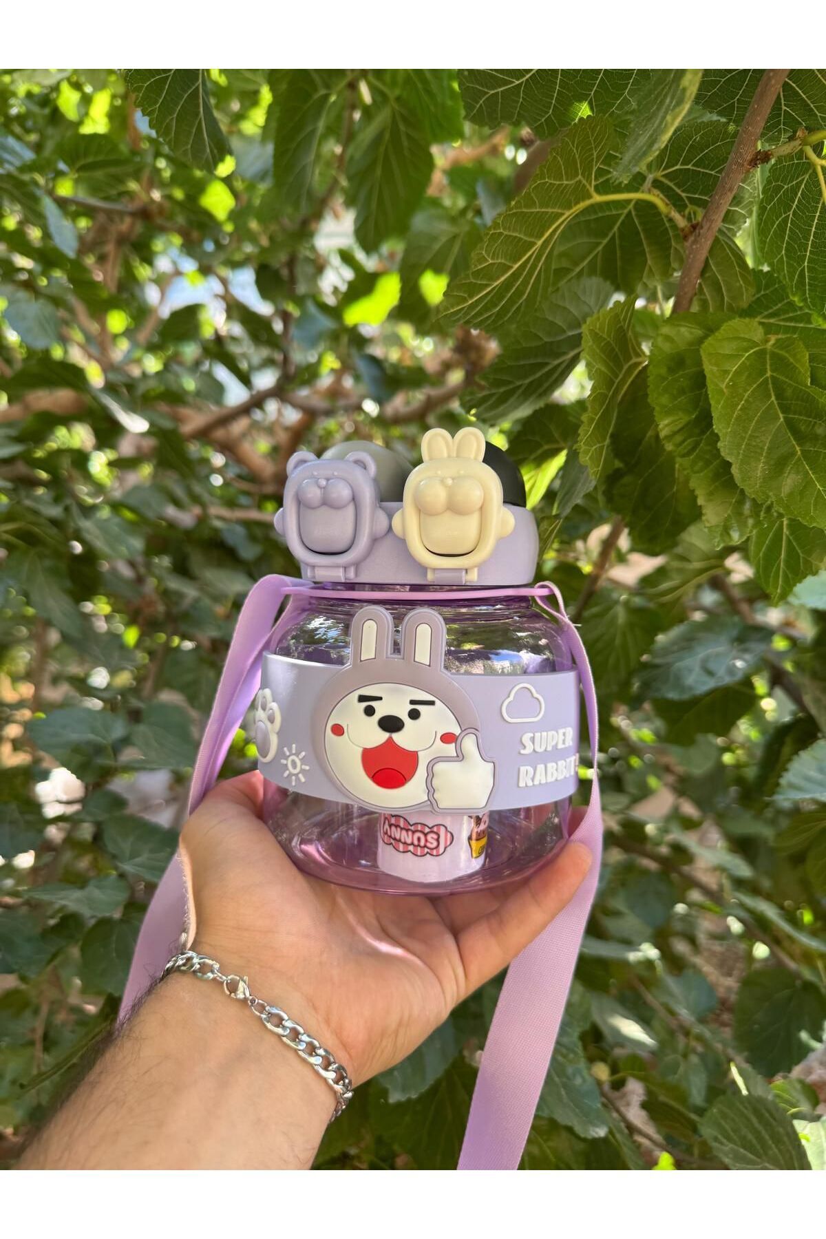 madam gold-Double Cap Water Flask 4 Colors with Straw Without Straw Machine Washable Rabbit 750 ml 4