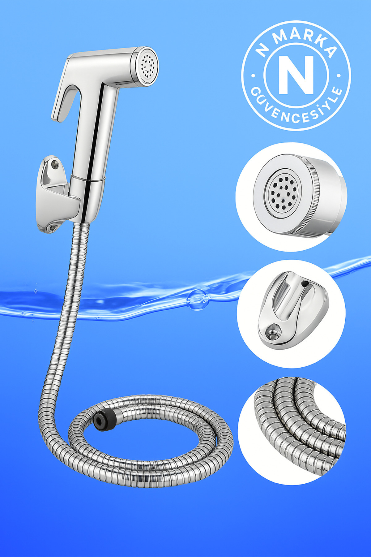 NOY Tahrat Musluğu Spiralli Paslanmaz Çelik Taharetmatik – Tabancalı Çelik Hortum, Çift Kenetli Set