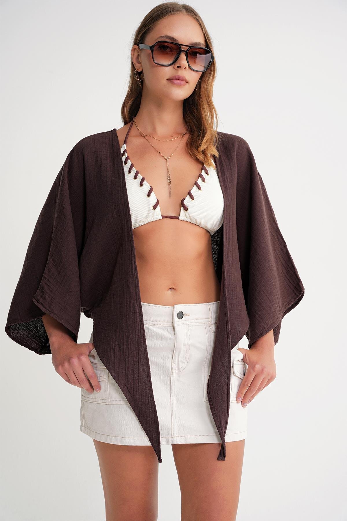 Mixray  4723 Kadın Önü Bağlamalı Bolero Bluz Kahve - Görsel 4