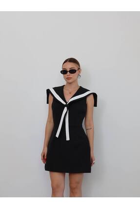 Zey Studio Kadın Siyah Kontrast Şeritli Yaka Detaylı Elbise