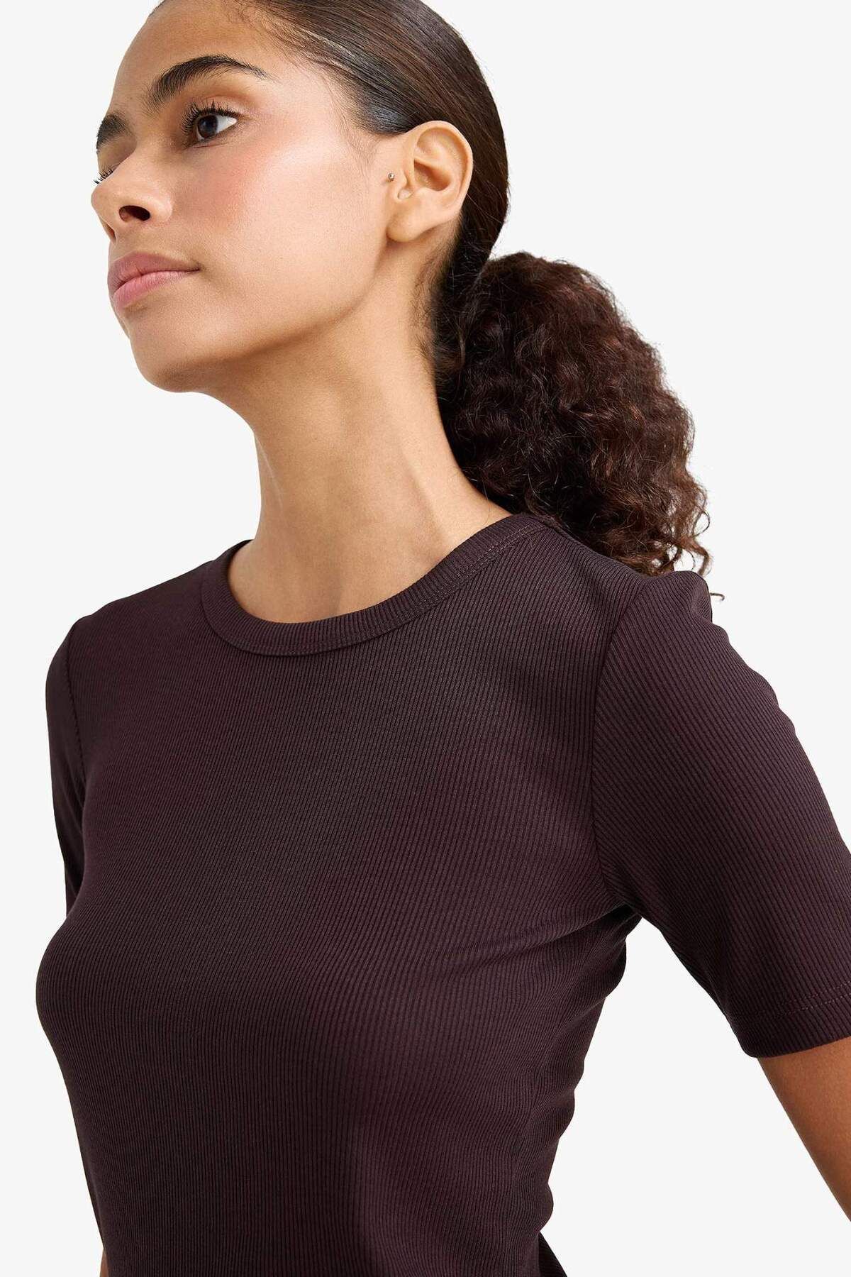 DeFacto-Slim Fit Tight Fit Crew Neck Basic Plain Ribbed Camisole Short Sleeve T-Shirt C0097Ax25Au 6