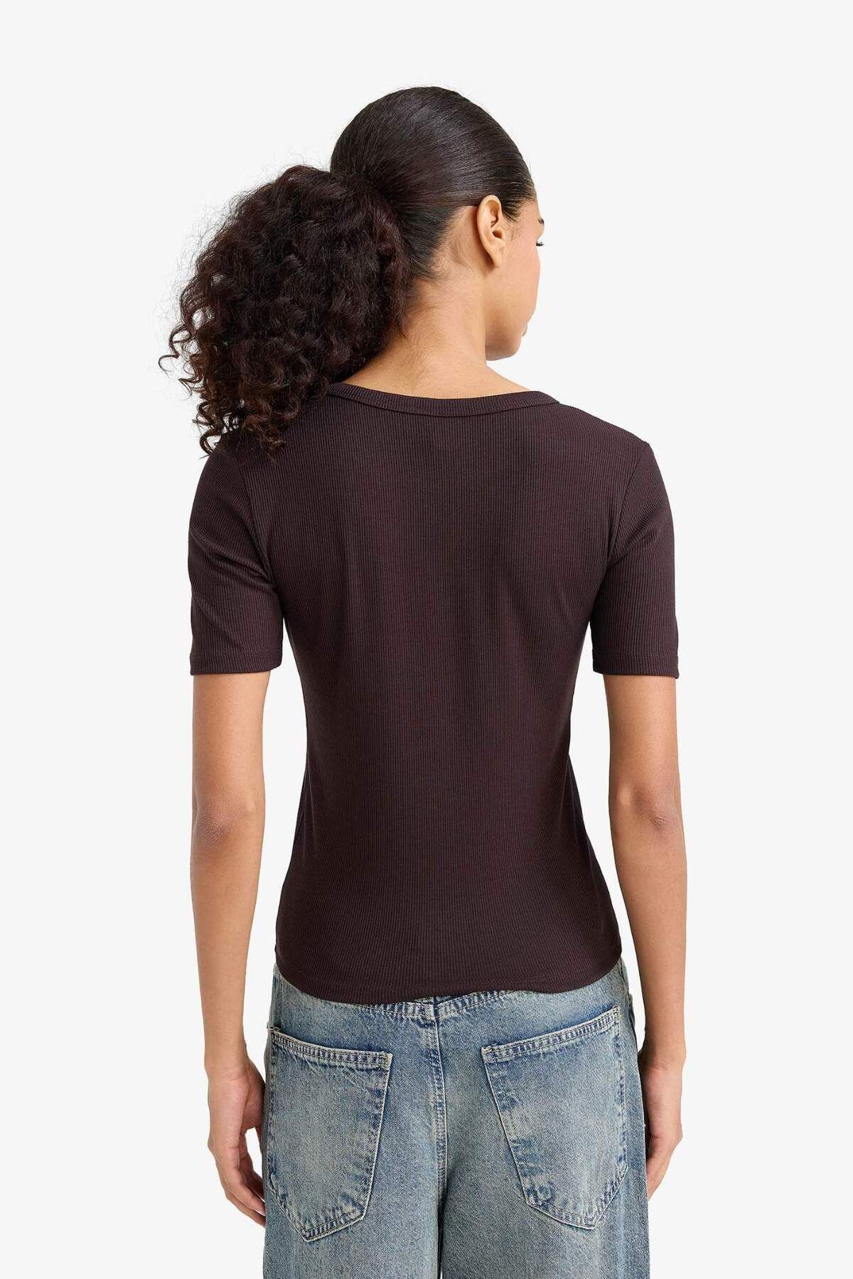 DeFacto-Slim Fit Tight Fit Crew Neck Basic Plain Ribbed Camisole Short Sleeve T-Shirt C0097Ax25Au 7