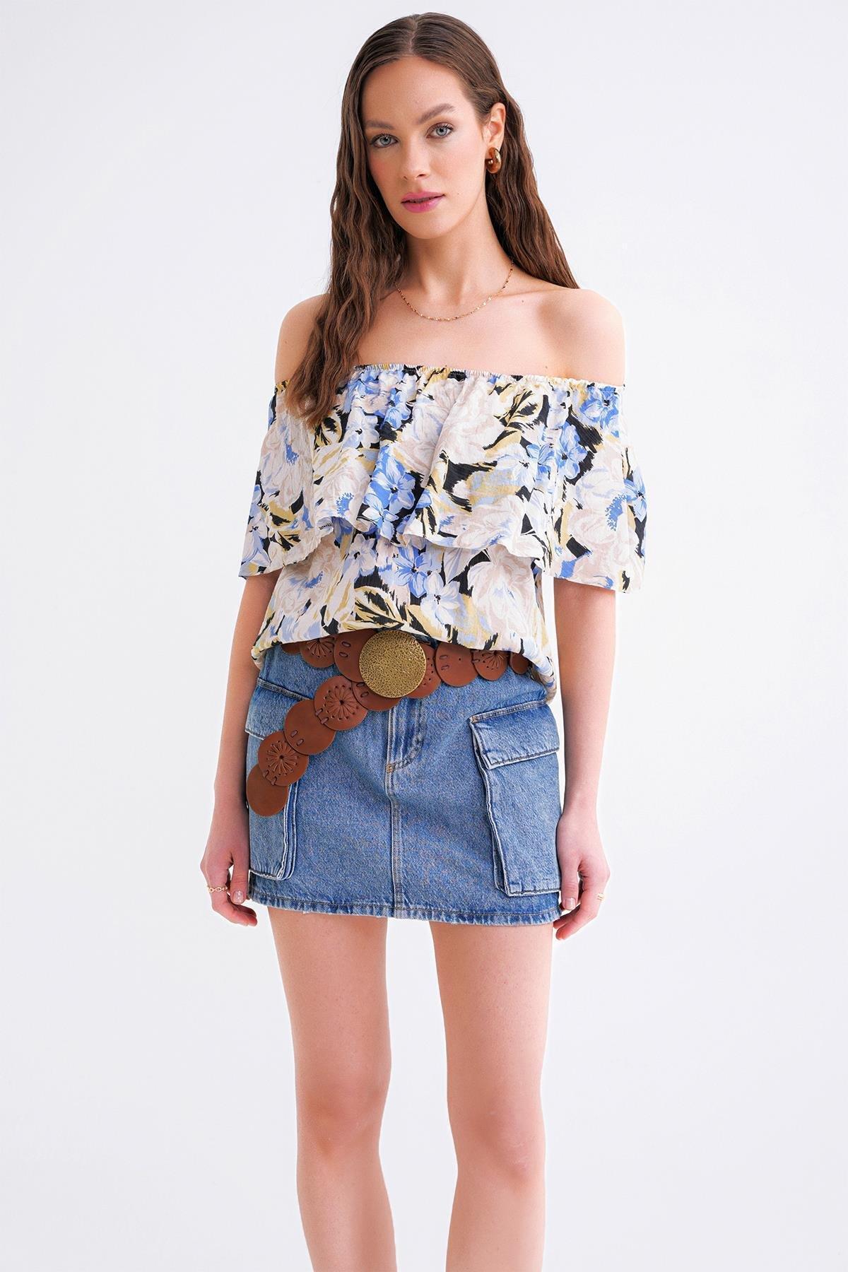 Mixray-4648 Bluză de damă, fără umăr, cu volan, cu imprimeu floral, albastru 2