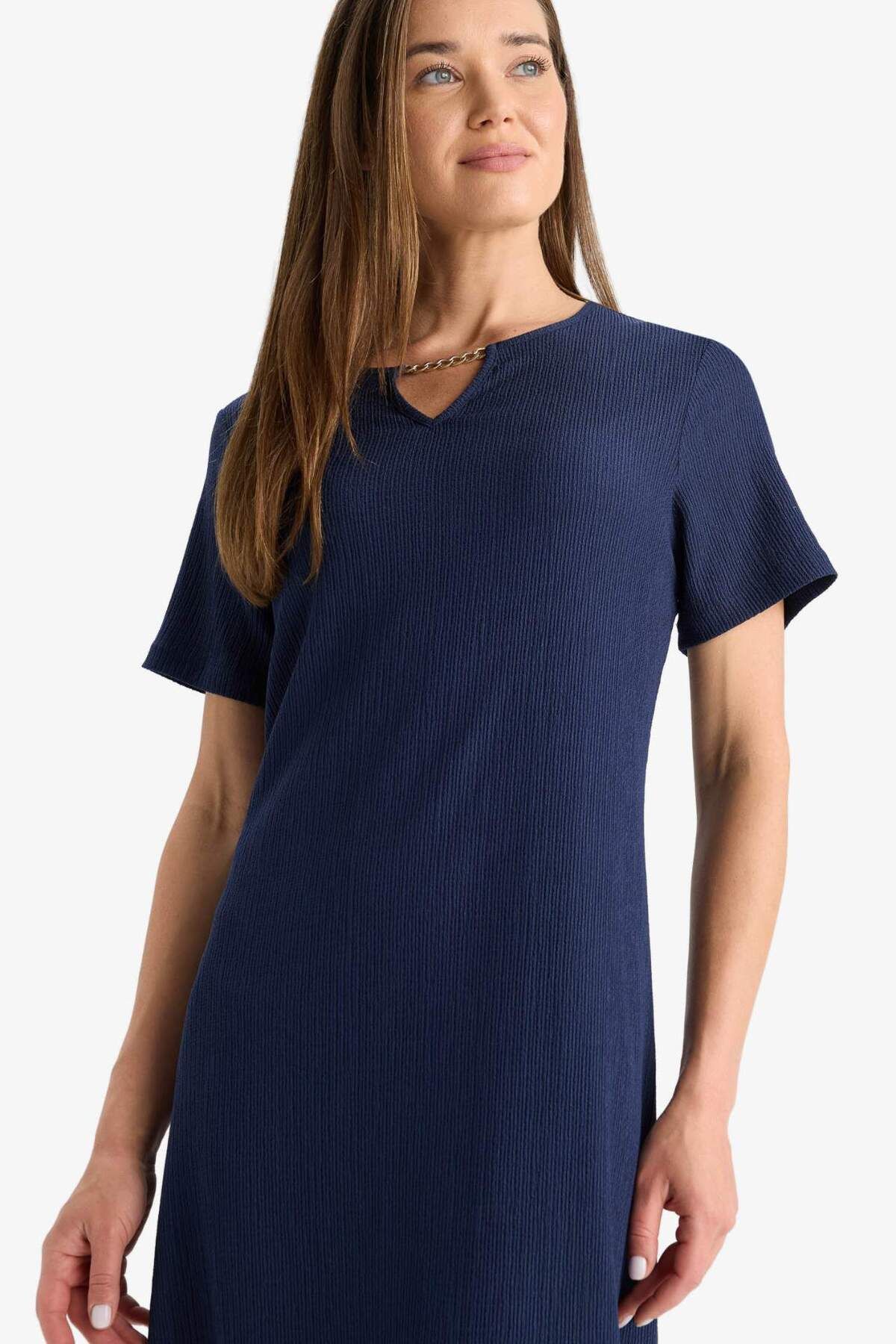 DeFacto-Regular Fit Apash Collar Basic Plain Wrap Short Sleeve Midi Dress D3834Ax25Sm 3