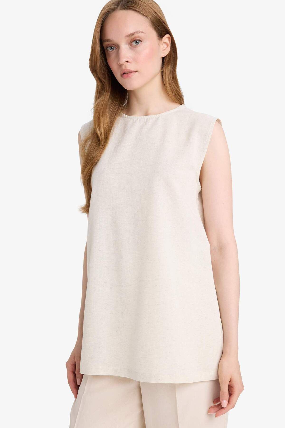 DeFacto-Regular Fit Crew Neck Basic Plain Leinen gemischt ärmellose Tunika D2953AX25SM 4