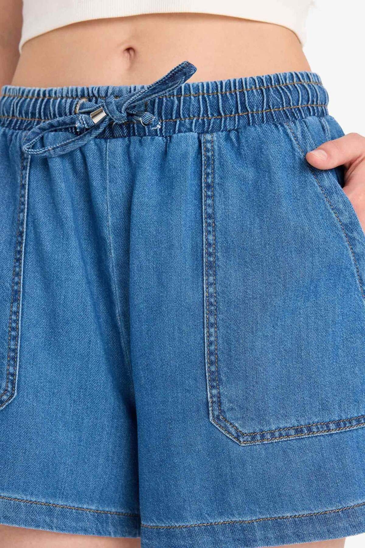 DeFacto-High Waist Elastic Waist Lace-Up Soft Jean Shorts E0958Ax25Sm 6
