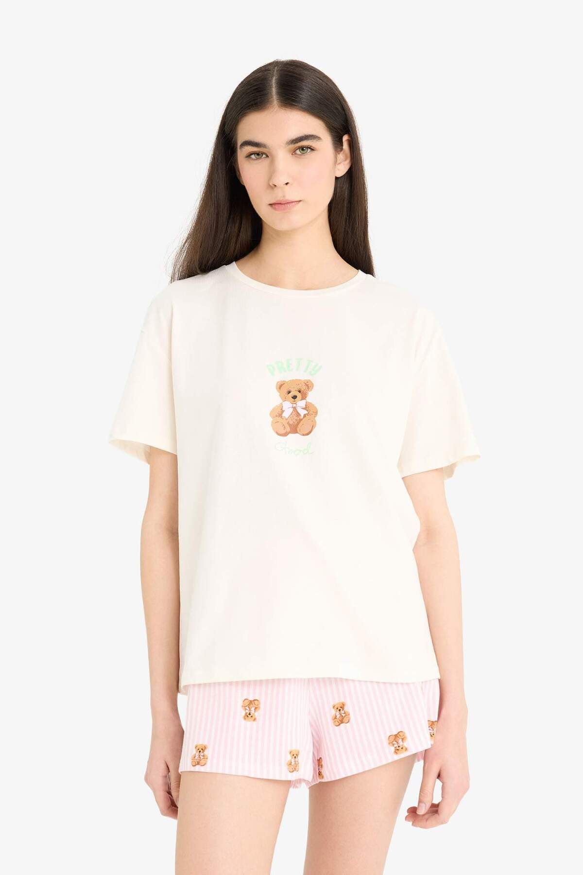 DeFacto-Set pijamale Top imprimat cu mâneci scurte Pantaloni scurți elastici în talie-Fall in Love F1623AX25SM 4