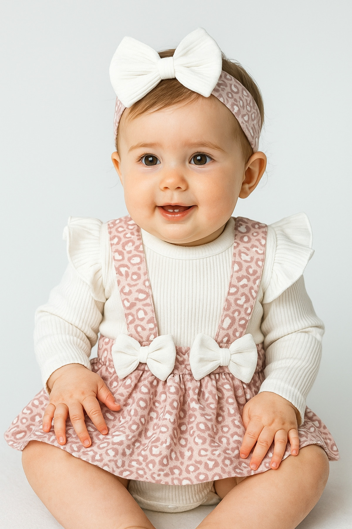 caliskanonline Fiyonk Detaylı Bandana Aksesuarlı 3lü Kız Bebek Elbise fotoğrafı 2 (önizleme)