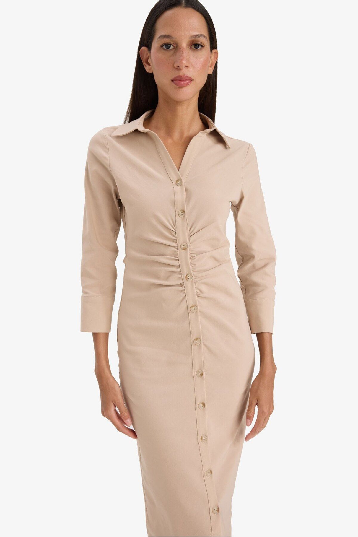 DeFacto-Hemdkragen Basic Plain Buttoned Gathered Waist Bengalin Halbarmkleid D4560ax25sp 4