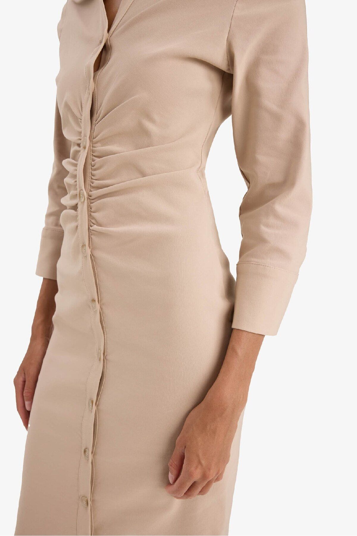 DeFacto-Hemdkragen Basic Plain Buttoned Gathered Waist Bengalin Halbarmkleid D4560ax25sp 5