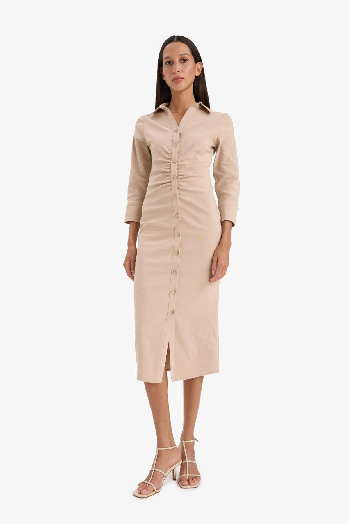 DeFacto-Hemdkragen Basic Plain Buttoned Gathered Waist Bengalin Halbarmkleid D4560ax25sp 3
