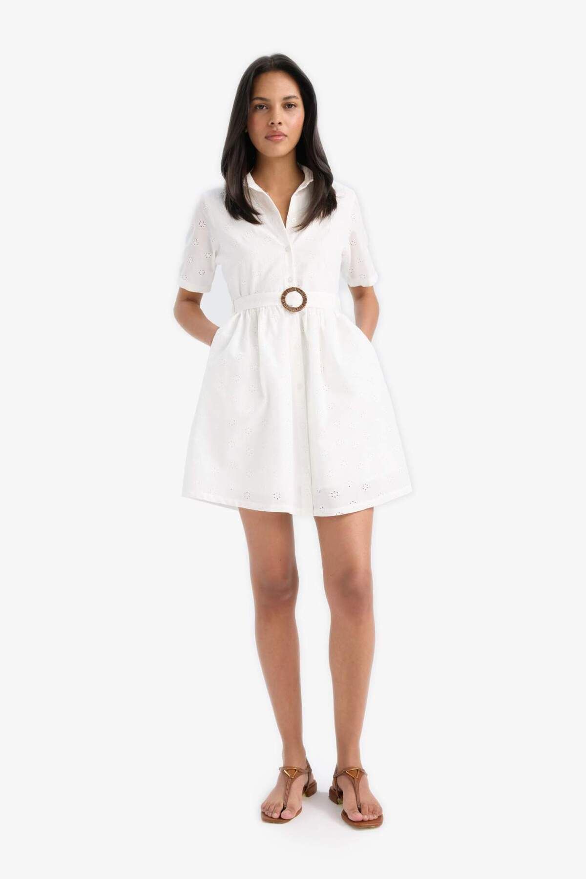 DeFacto-Shirt Collar Belt Brode Short Sleeve Mini Dress F1156Ax25Sp 3