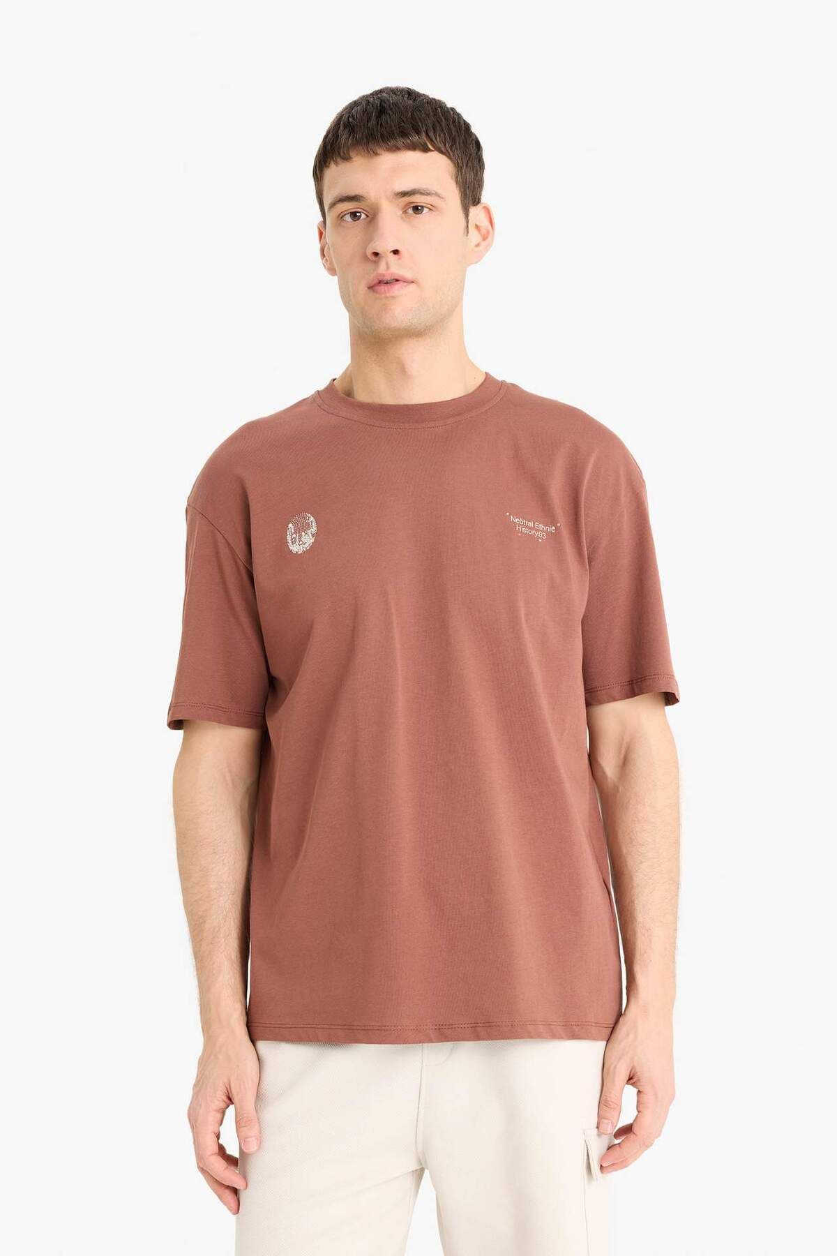 DeFacto-100% Cotton Boxy Fit Crew Neck Back Printed Short Sleeve T-Shirt E1698Ax25Sm 5