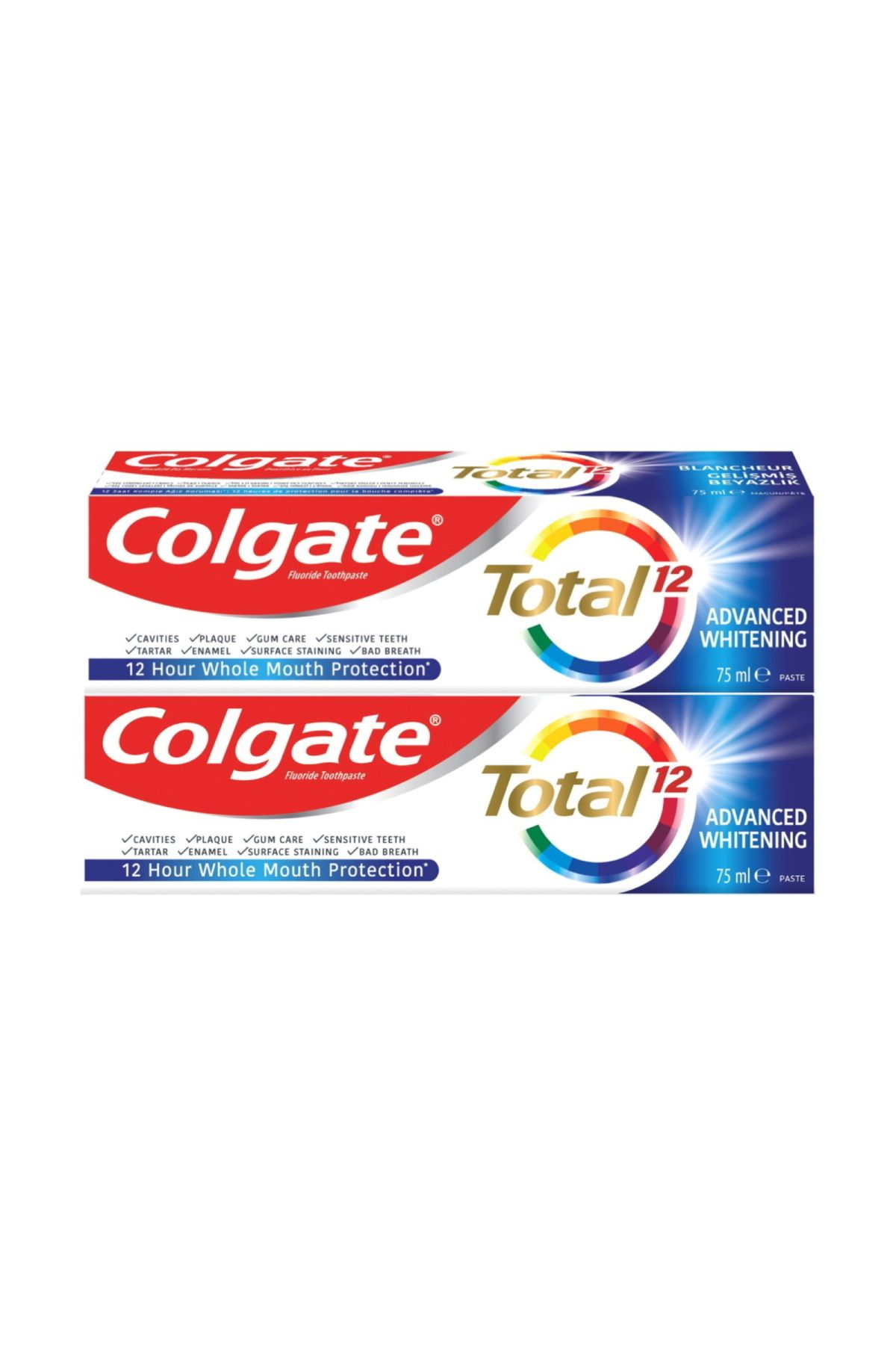 Colgate-معجون أسنان توتال 12 المتطور للتبييض، 2 × 75 مل، يحارب البلاك ويبيض الأسنان بفعالية 5