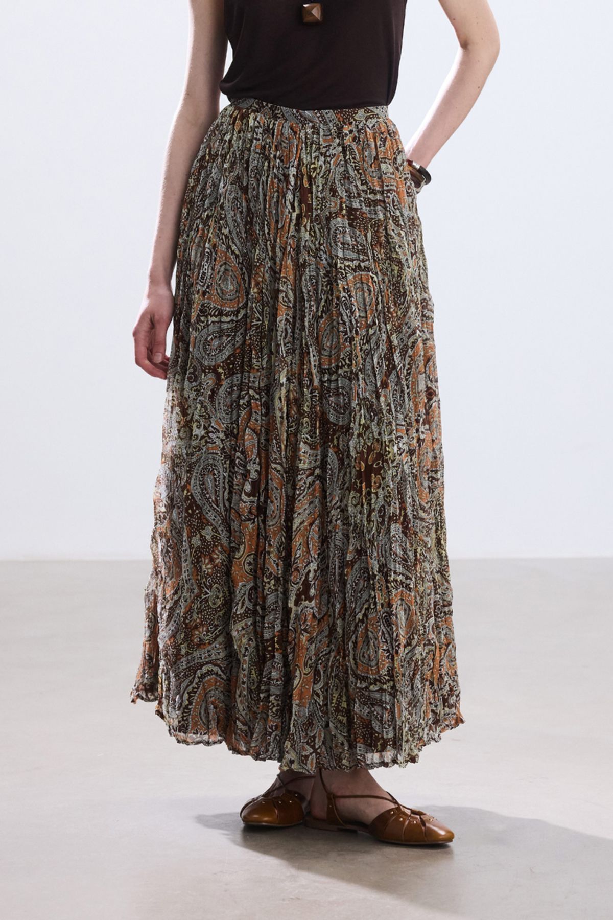 BE BLUE-Brown Boho Patterned Skirt with Crash 3