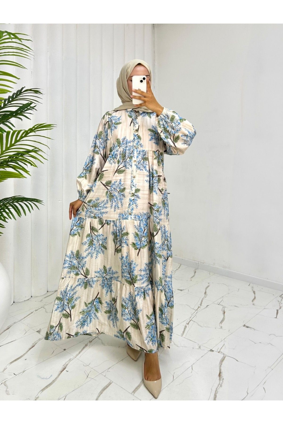 Modamorfo-Patterned Modal Dress with Elastic Sleeves and Half Buttons - Blue 1