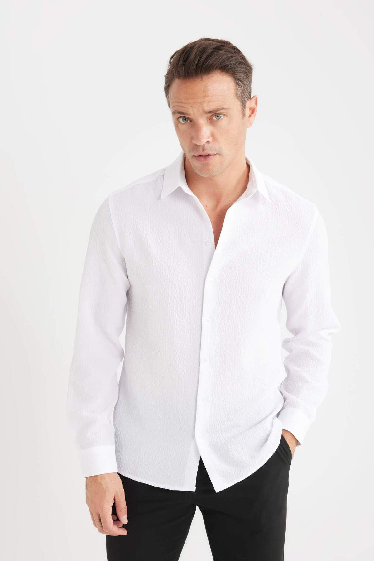 DeFacto-Modern Fit Polo Collar Textured Stretch Fabric Long Sleeve Shirt D7246Ax25Sp 3