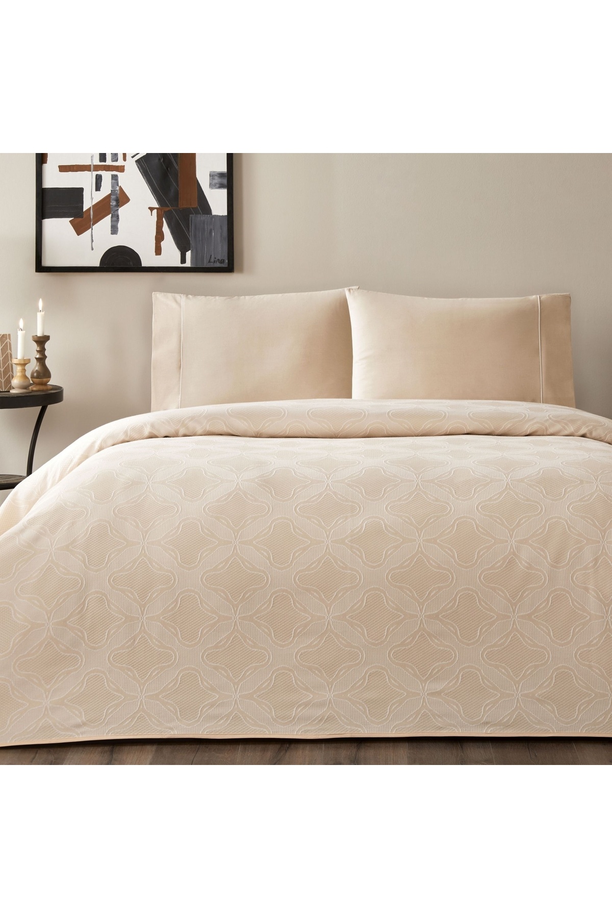 Taç-Single Pique Set Beige - Taç Jacquard Soleya 1