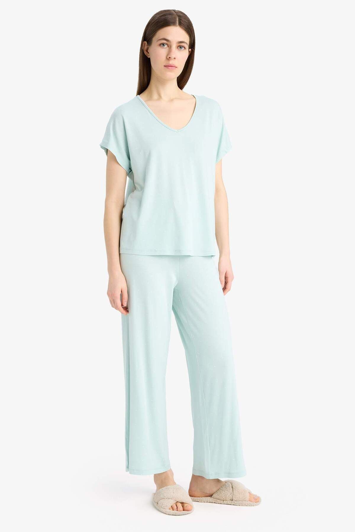 DeFacto-Pajama Sets Viscose Short Sleeve Top Flexible Waisted Long Bottom-Fall in Love E0264Ax25Sp 2