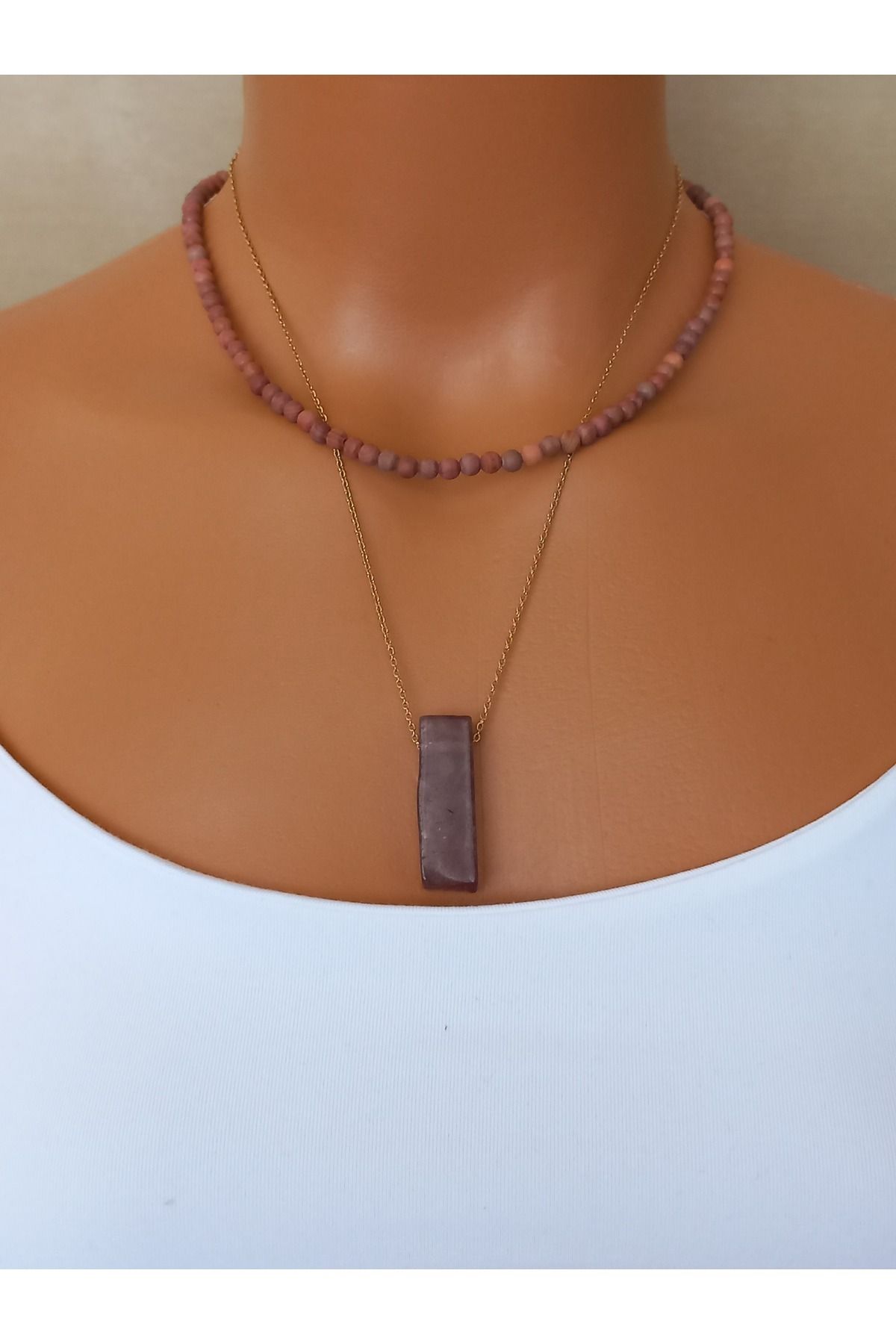 LemaStone-Natural Stone Necklace,Steel Chain Rose Quartz Stone,Jasper Stone Necklace,Bracelet 2