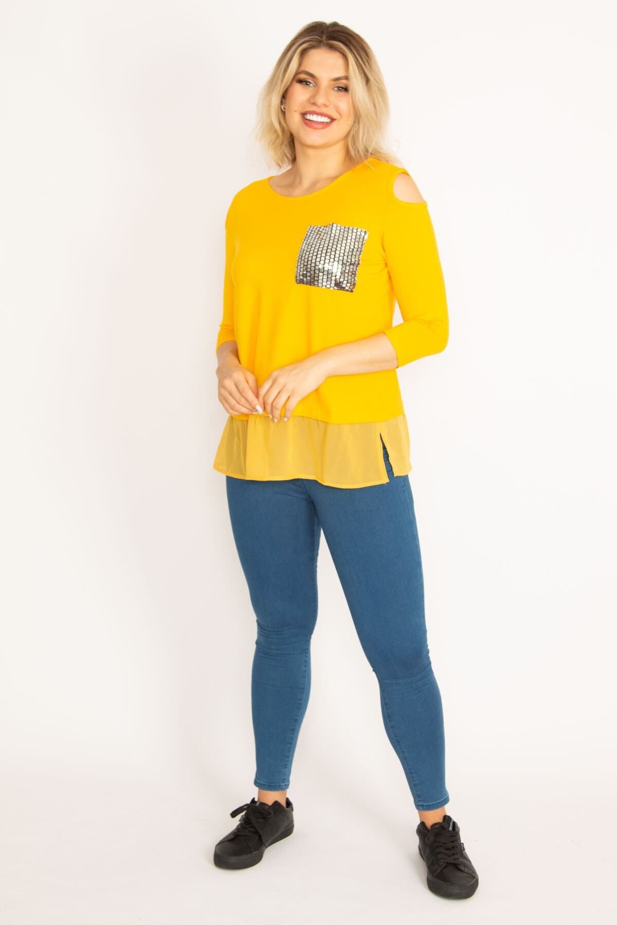 Şans-Women's Large Size Yellow Shoulder Low-cut Stone Detailed Skirt Tip Chiffon 65n32048 5