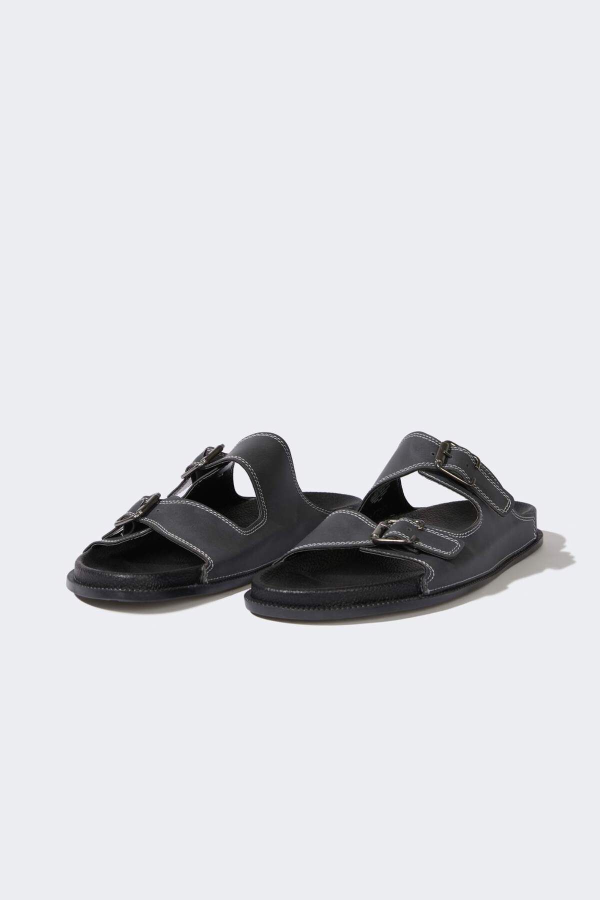 DeFacto-Men's Flat Sole Double Banded Faux Leather Slippers E6251Ax25Hs 1