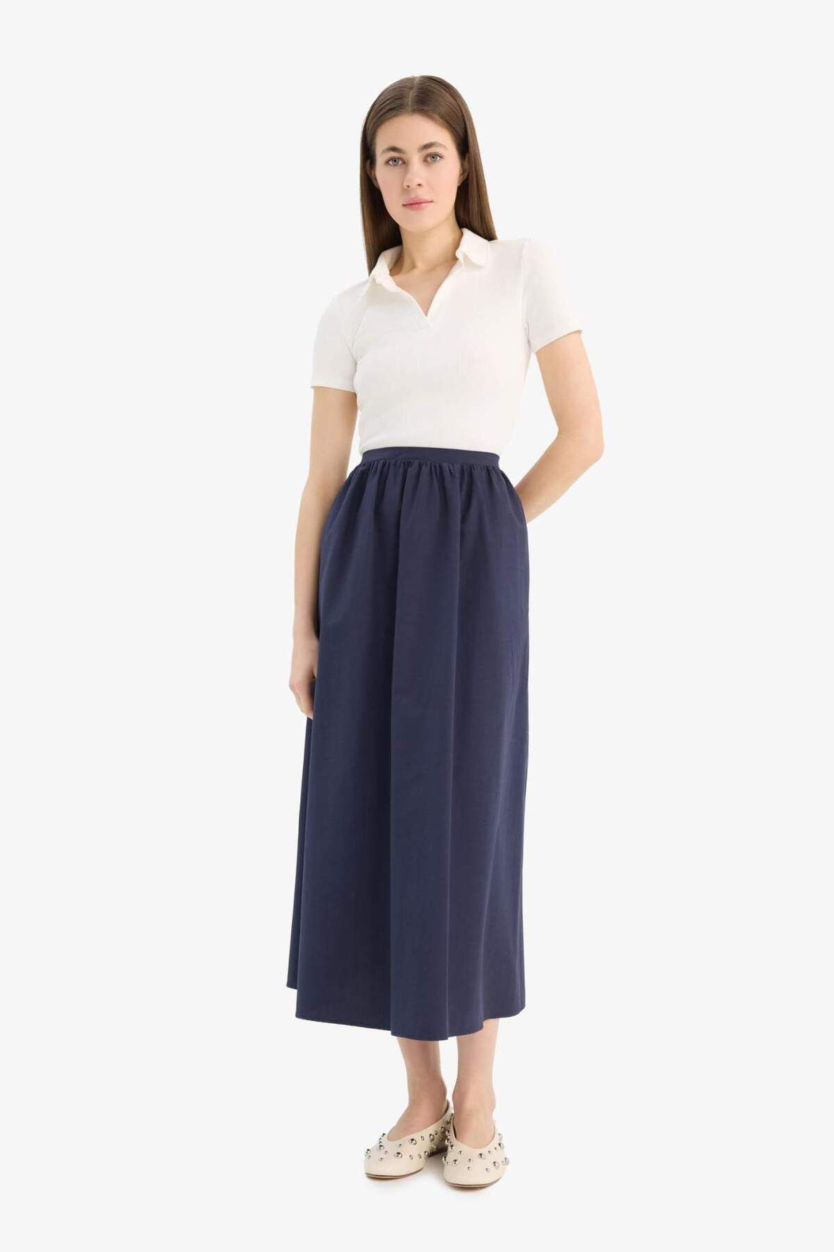 DeFacto-A-Line Regular Waist Half Lining Poplin Midi Skirt E8700Ax25Sp 2
