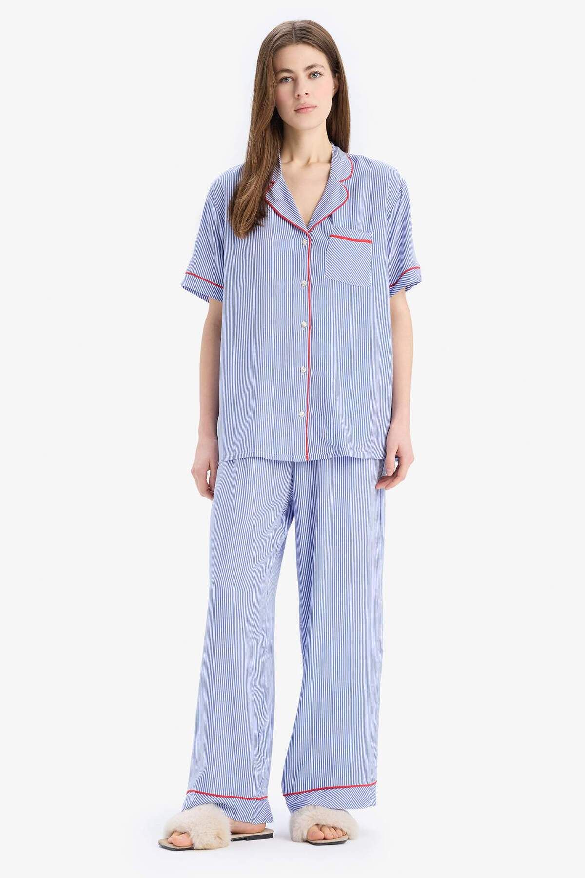 DeFacto-Pajama Sets Viscose Short Sleeve Top Flexible Waisted Long Bottom-Fall in Love E7651Ax25Sp 2