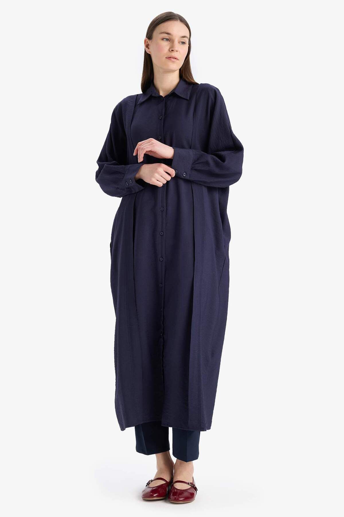 DeFacto-Cămașă Relax Fit Guler Buzunar Basic Solid Rochie Maxi Hijab cu mânecă lungă E4360AX25SP 3