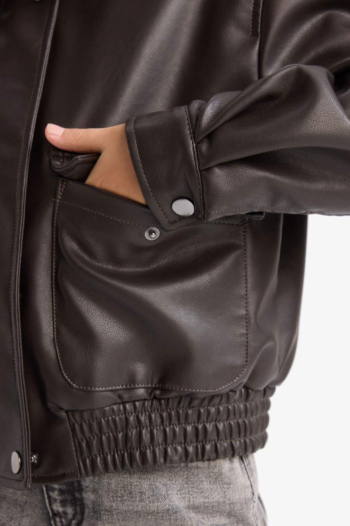 DeFacto-Girls Water Repellent Zippered Double Pocket Faux Leather Coat Jacket D6925A825Sp 7