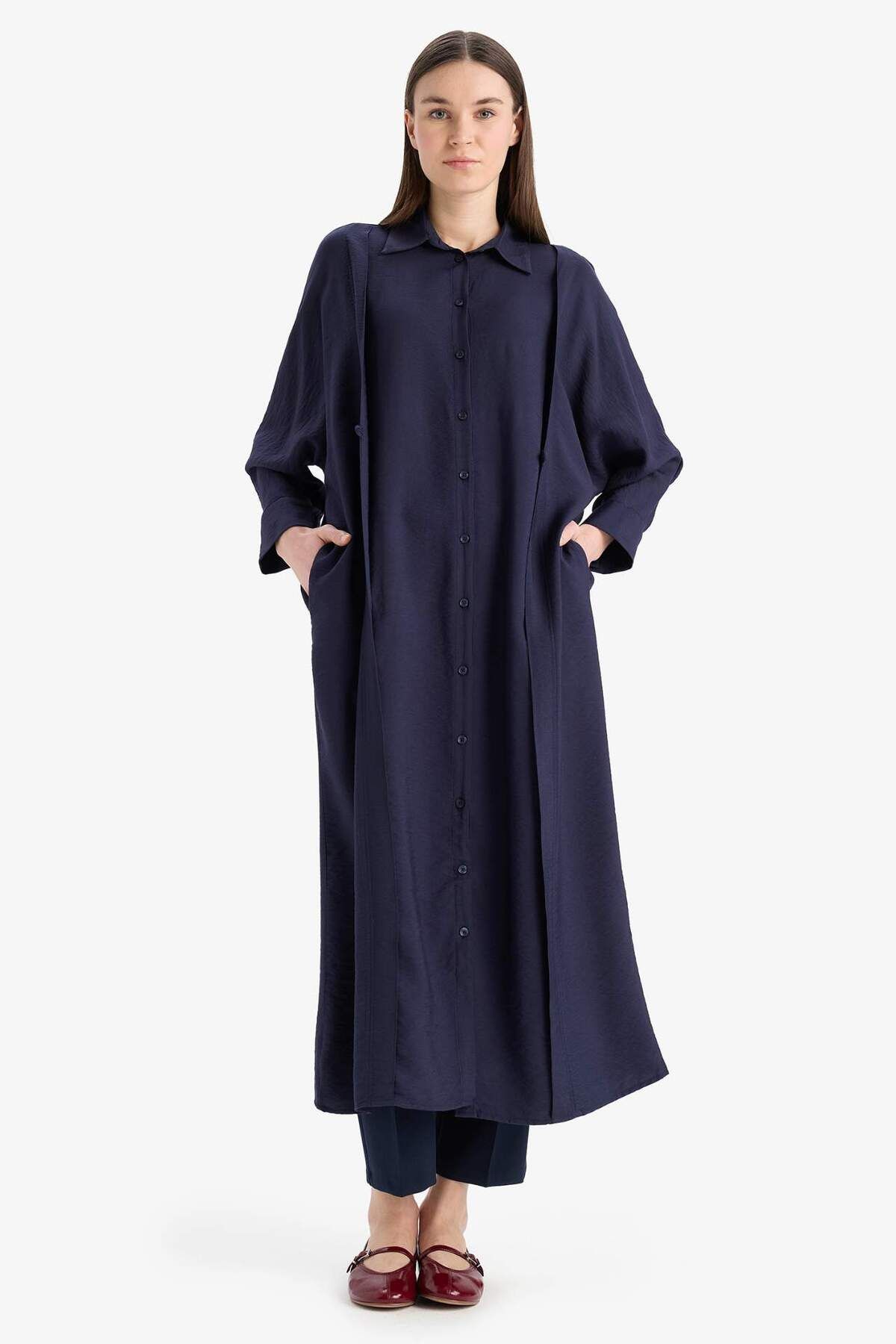 DeFacto-Cămașă Relax Fit Guler Buzunar Basic Solid Rochie Maxi Hijab cu mânecă lungă E4360AX25SP 4