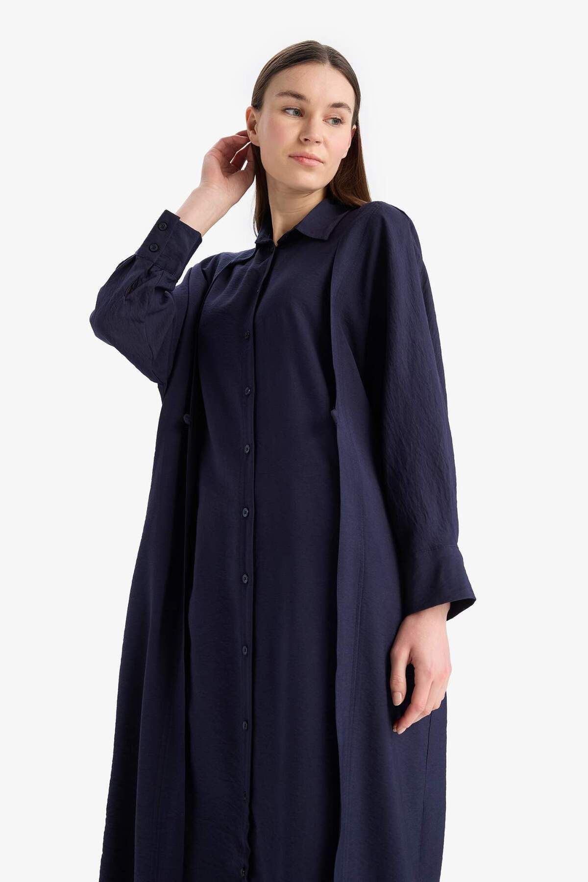 DeFacto-Cămașă Relax Fit Guler Buzunar Basic Solid Rochie Maxi Hijab cu mânecă lungă E4360AX25SP 5