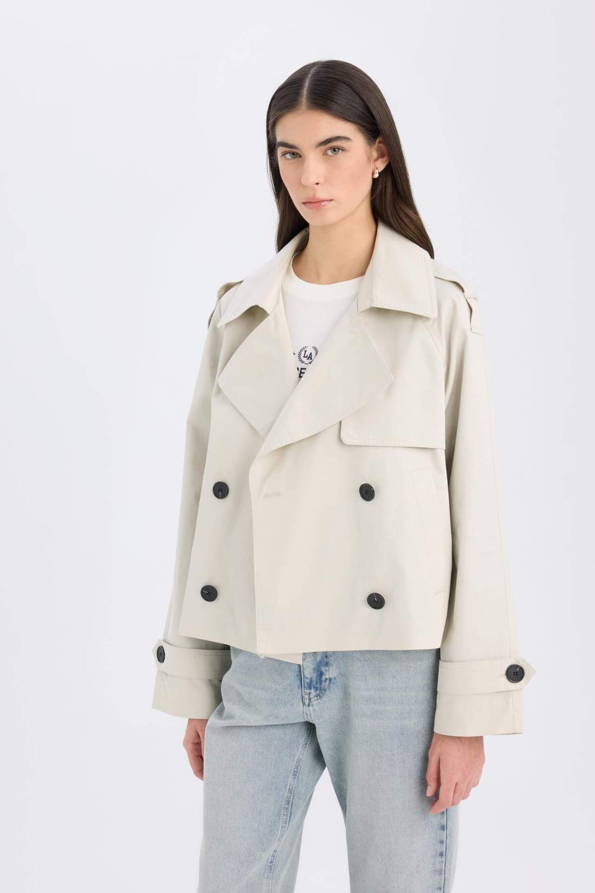 DeFacto-Kurzer Trenchcoat mit Smoking-Ausschnitt – reguläre Passform, Knopftasche 3
