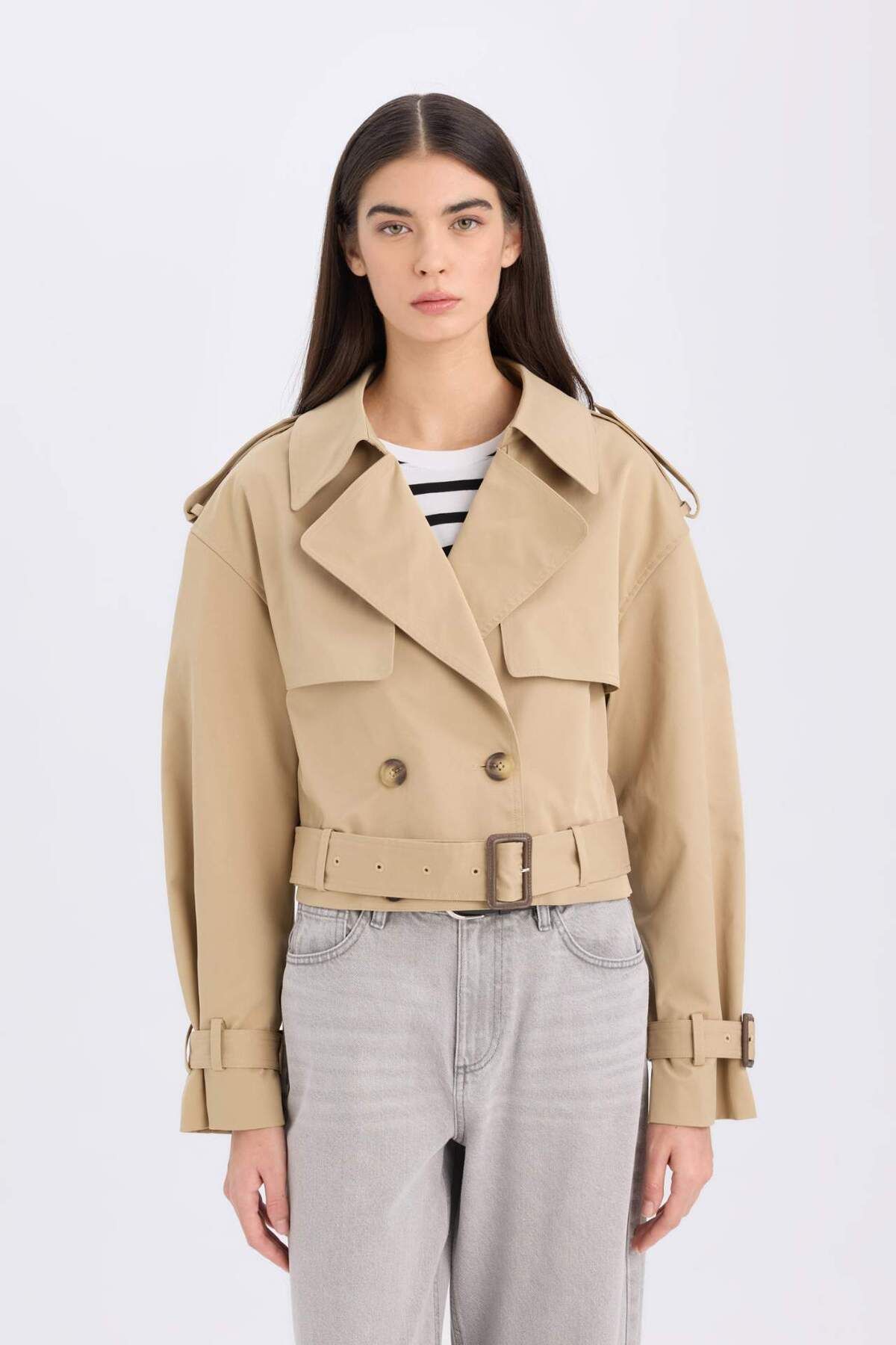DeFacto-Tuxedo Lapel Short Trench Coat with Buttons and Belt, Regular Fit Epauletki D5797Ax25Sp 4