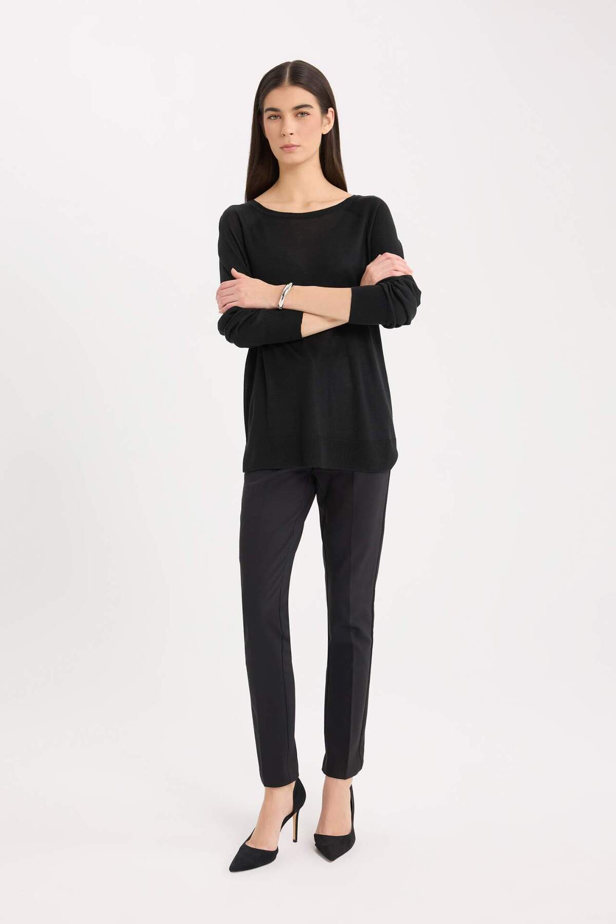 DeFacto-Regular Fit Rundhals Basic Unifarben Schwarz Strickpullover D6281AX25SP 2