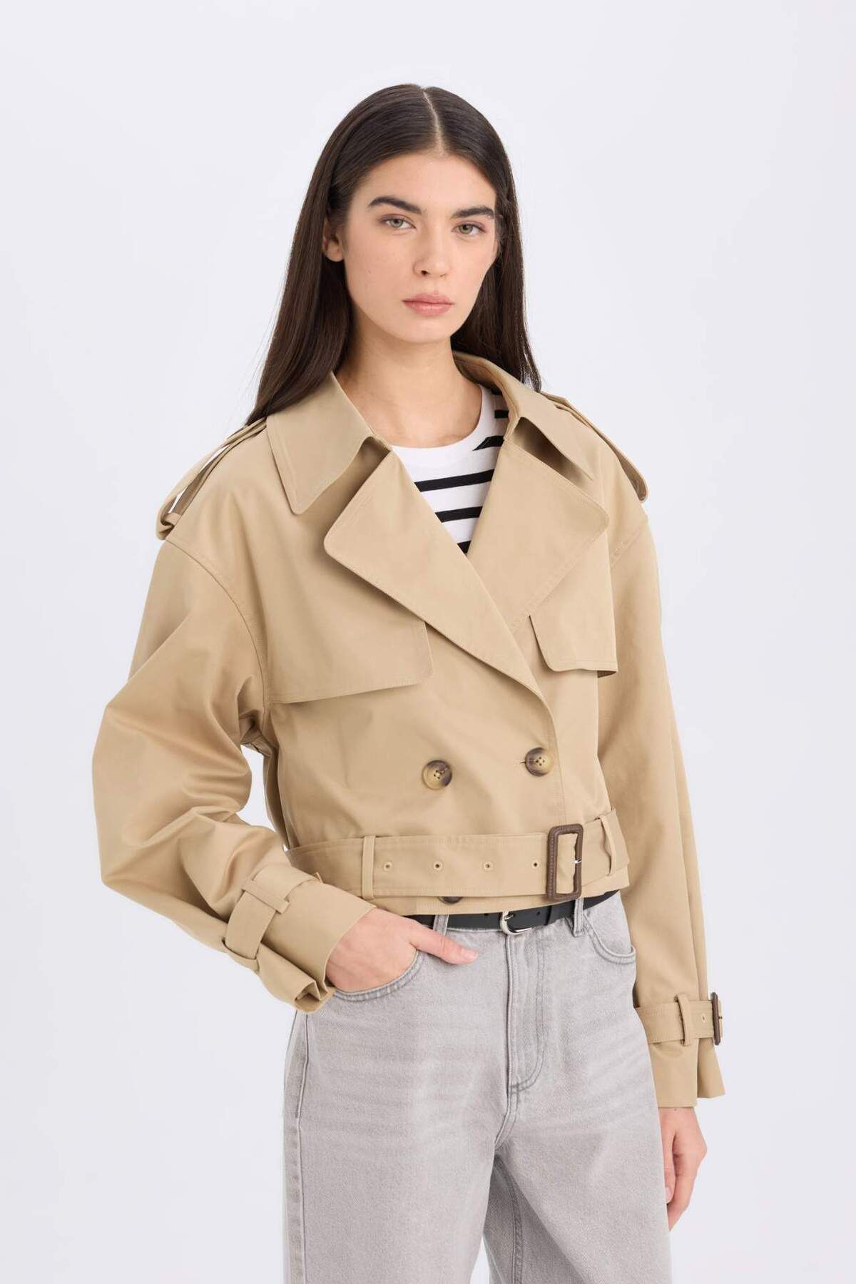 DeFacto-Tuxedo Lapel Short Trench Coat with Buttons and Belt, Regular Fit Epauletki D5797Ax25Sp 3