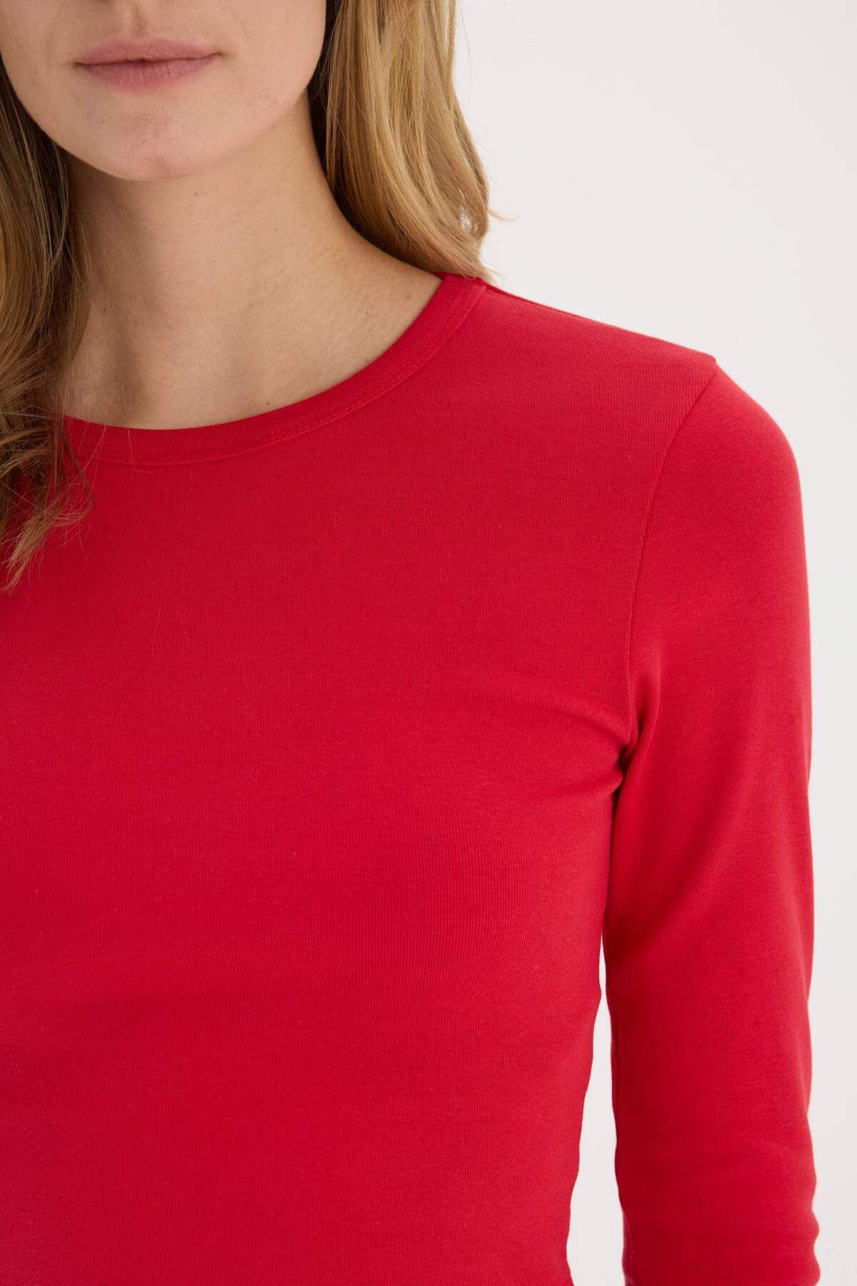 DeFacto-Cool Fitted Basic Einfarbig Rib Langarm-T-Shirt in Rot E7797AX25SP 4