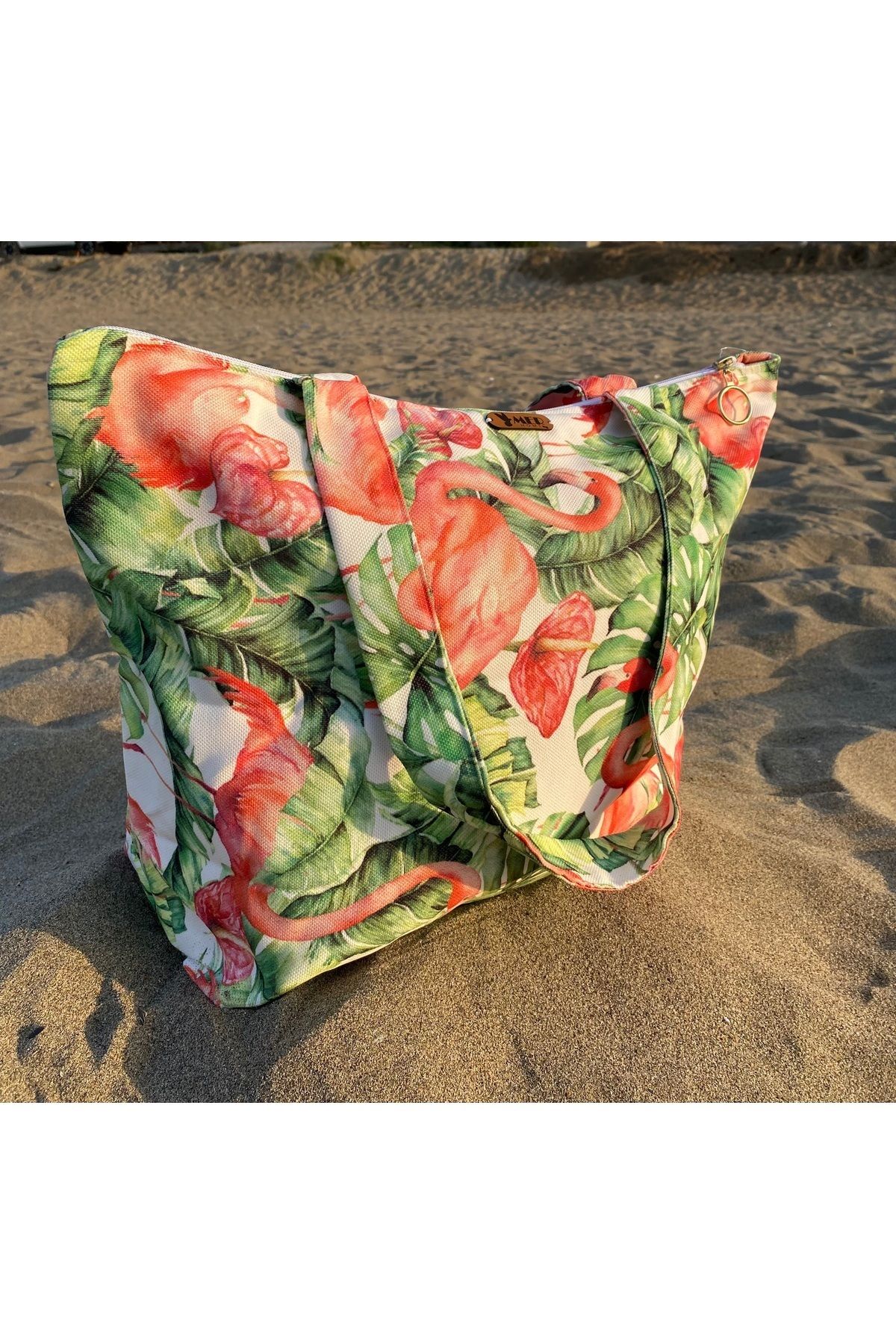 MER HOME-Flamingo Patterned Zippered Lined Beach Bag Daily Shoulder Bag 3