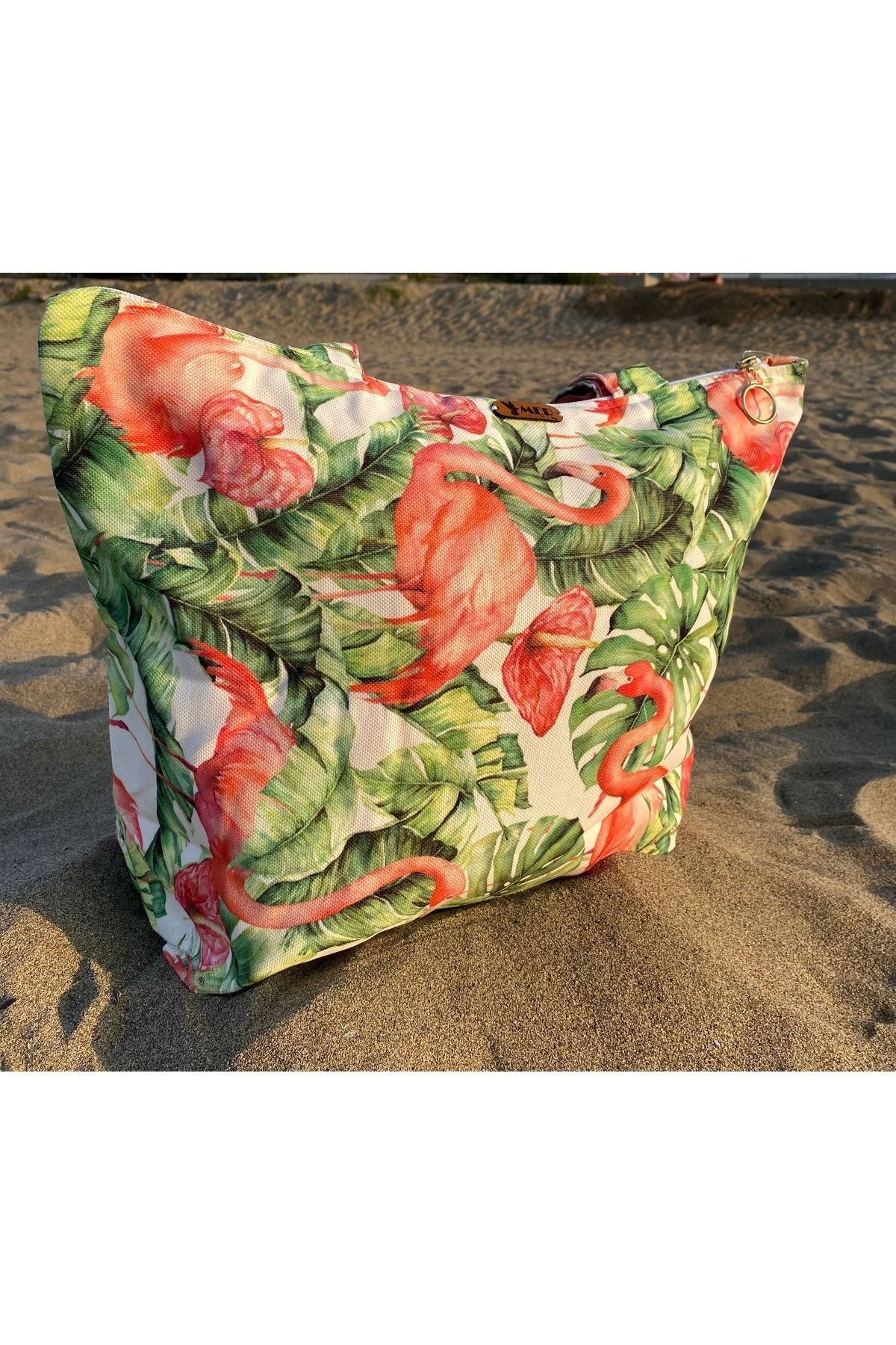 MER HOME-Flamingo Patterned Zippered Lined Beach Bag Daily Shoulder Bag 2