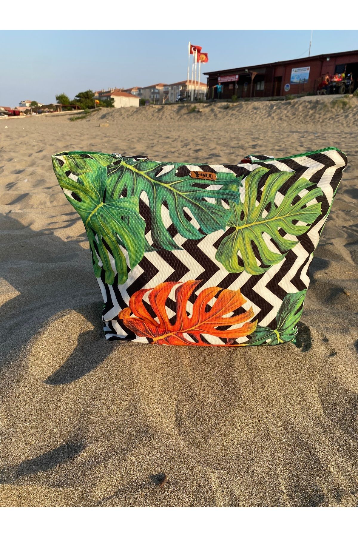 MER HOME-Devetabani Zigzag Patterned Zippered Lined Beach Bag Daily Shoulder Bag 5