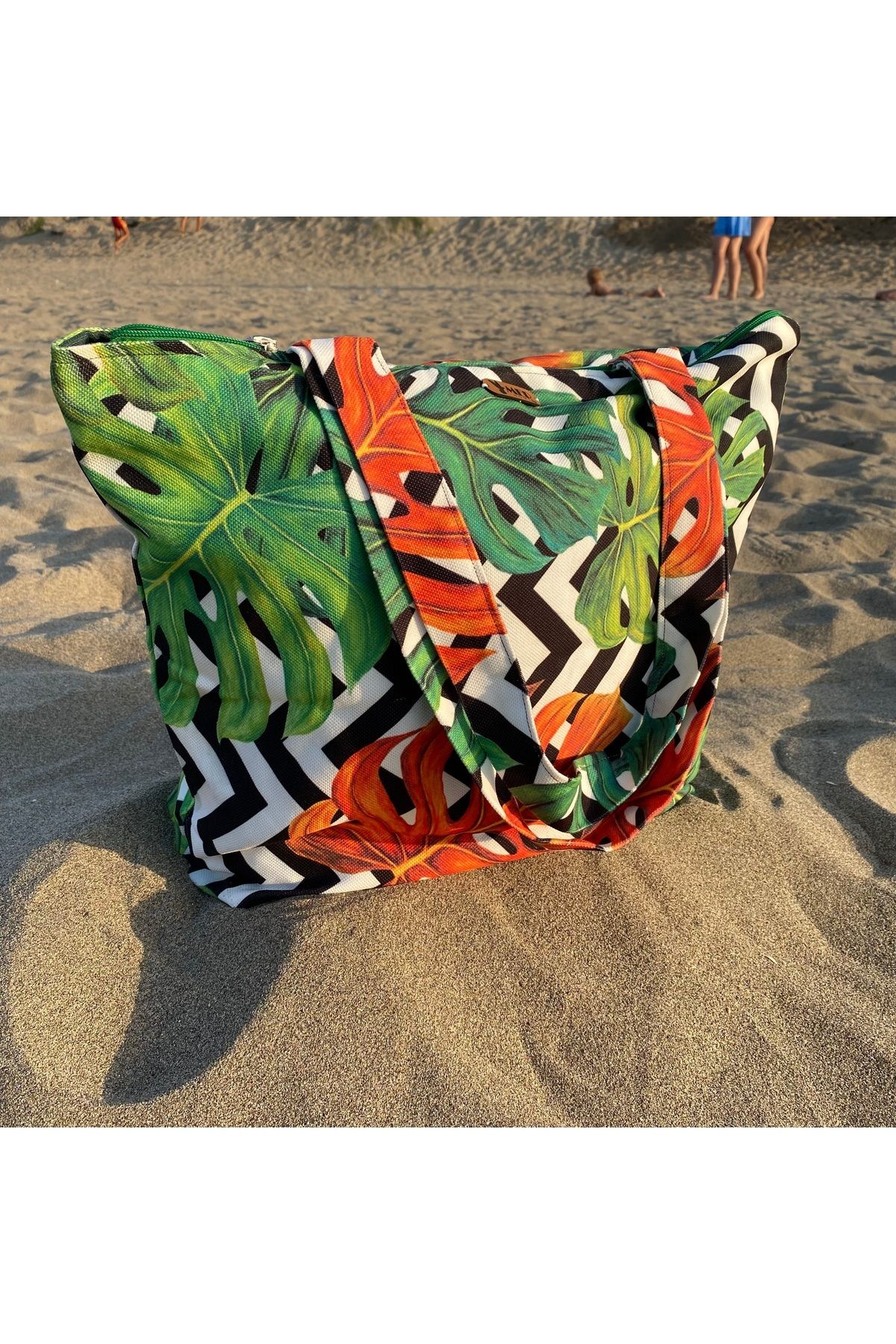 MER HOME-Devetabani Zigzag Patterned Zippered Lined Beach Bag Daily Shoulder Bag 3