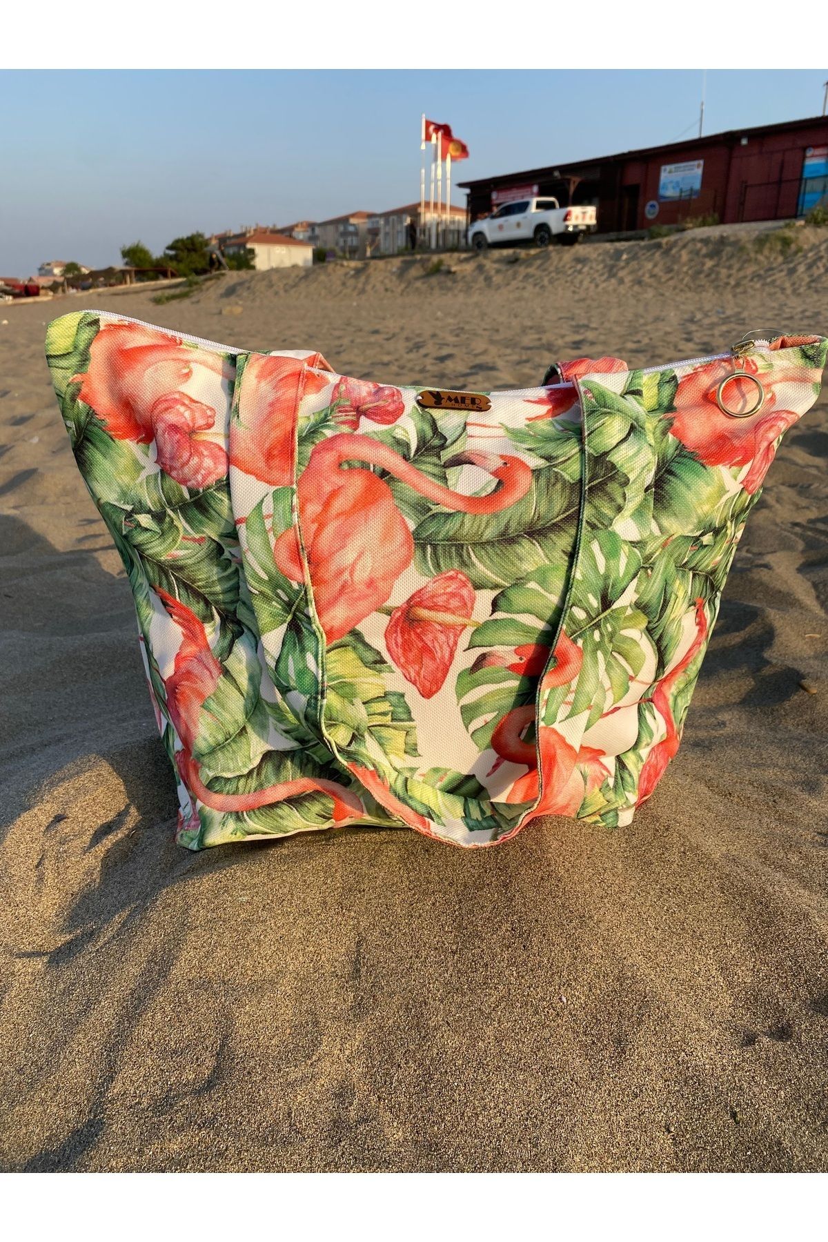MER HOME-Flamingo Patterned Zippered Lined Beach Bag Daily Shoulder Bag 5