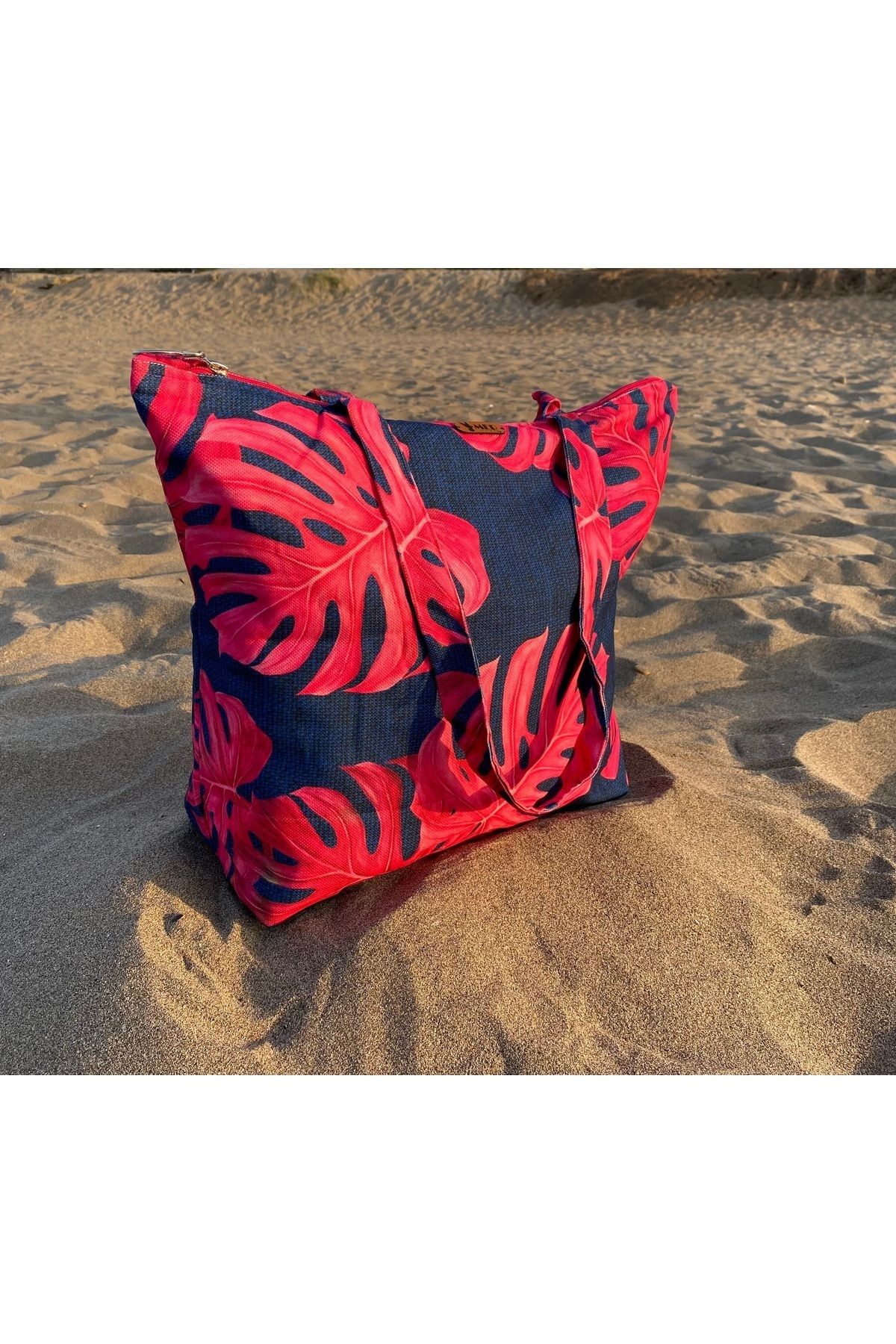 MER HOME-Fuchsia Devetabani Patterned Zippered Lined Beach Bag Daily Shoulder Bag 3