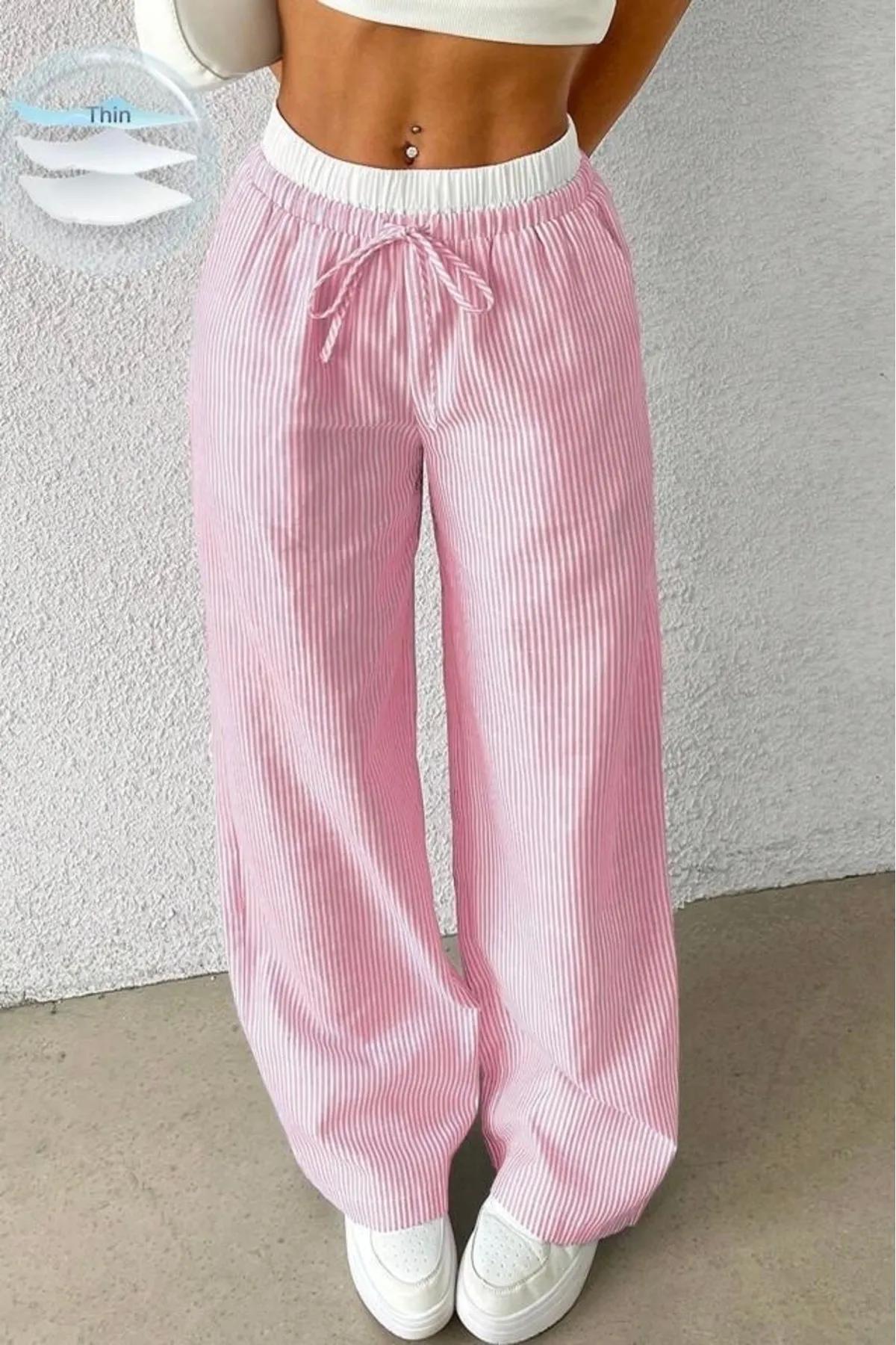 Baby xclub Pembe Beyaz Çizgili Yüksek Bel Rahat Kesim Pantolon