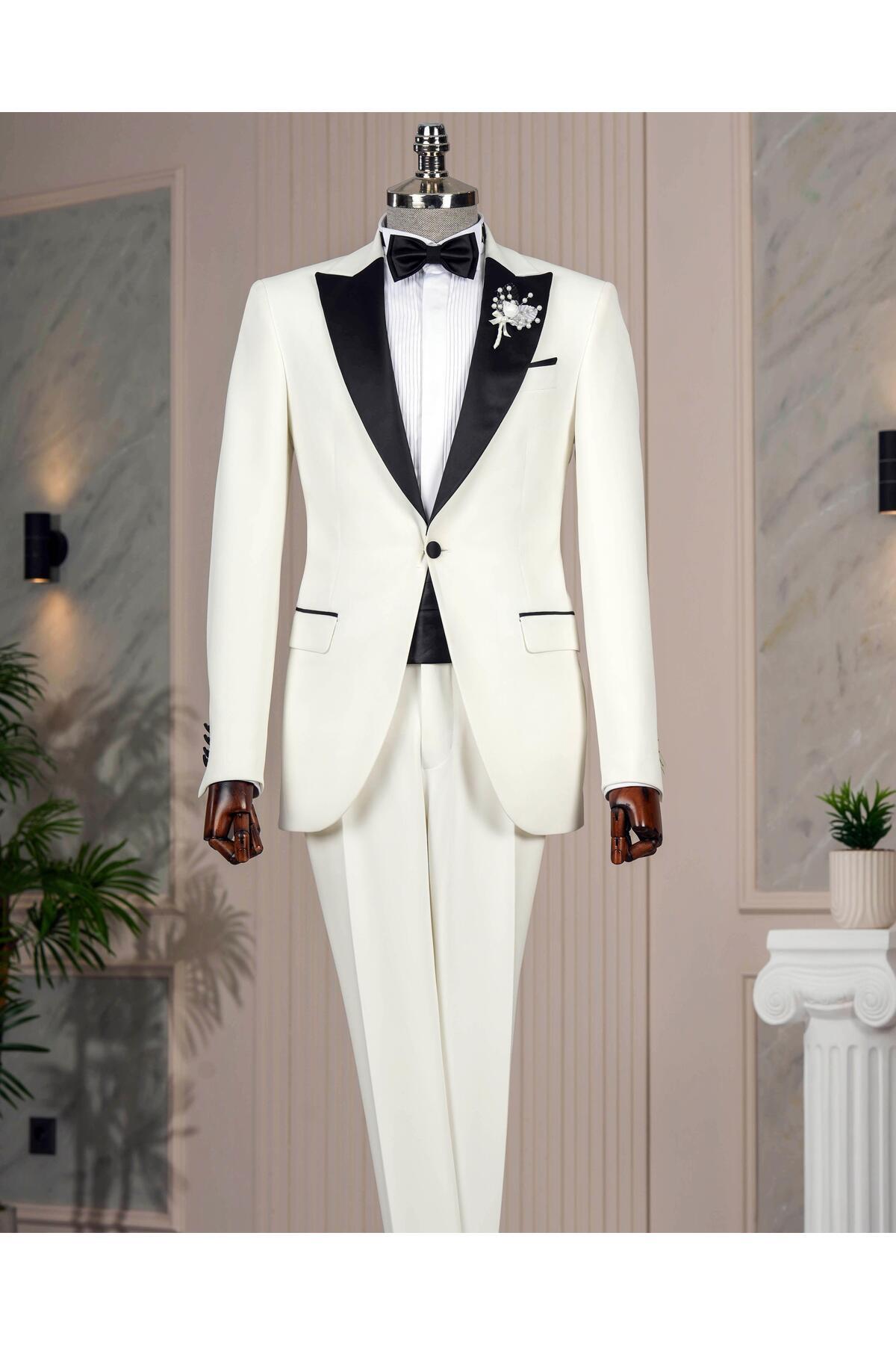 TerziAdemAltun-Ecru Slim Fit Italian Cut Pointed Collar Jacket and Trousers Set - T12221 1