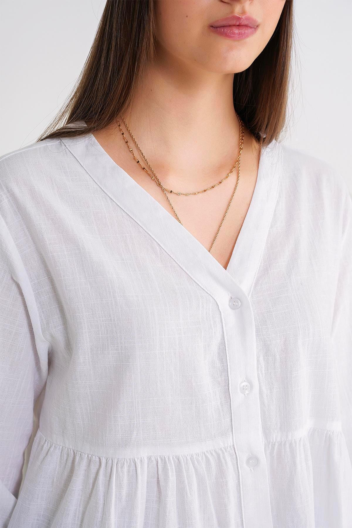 Mixray  4637 Kadın Katlı V Yaka Yazlık Keten Gömlek Beyaz - Görsel 6