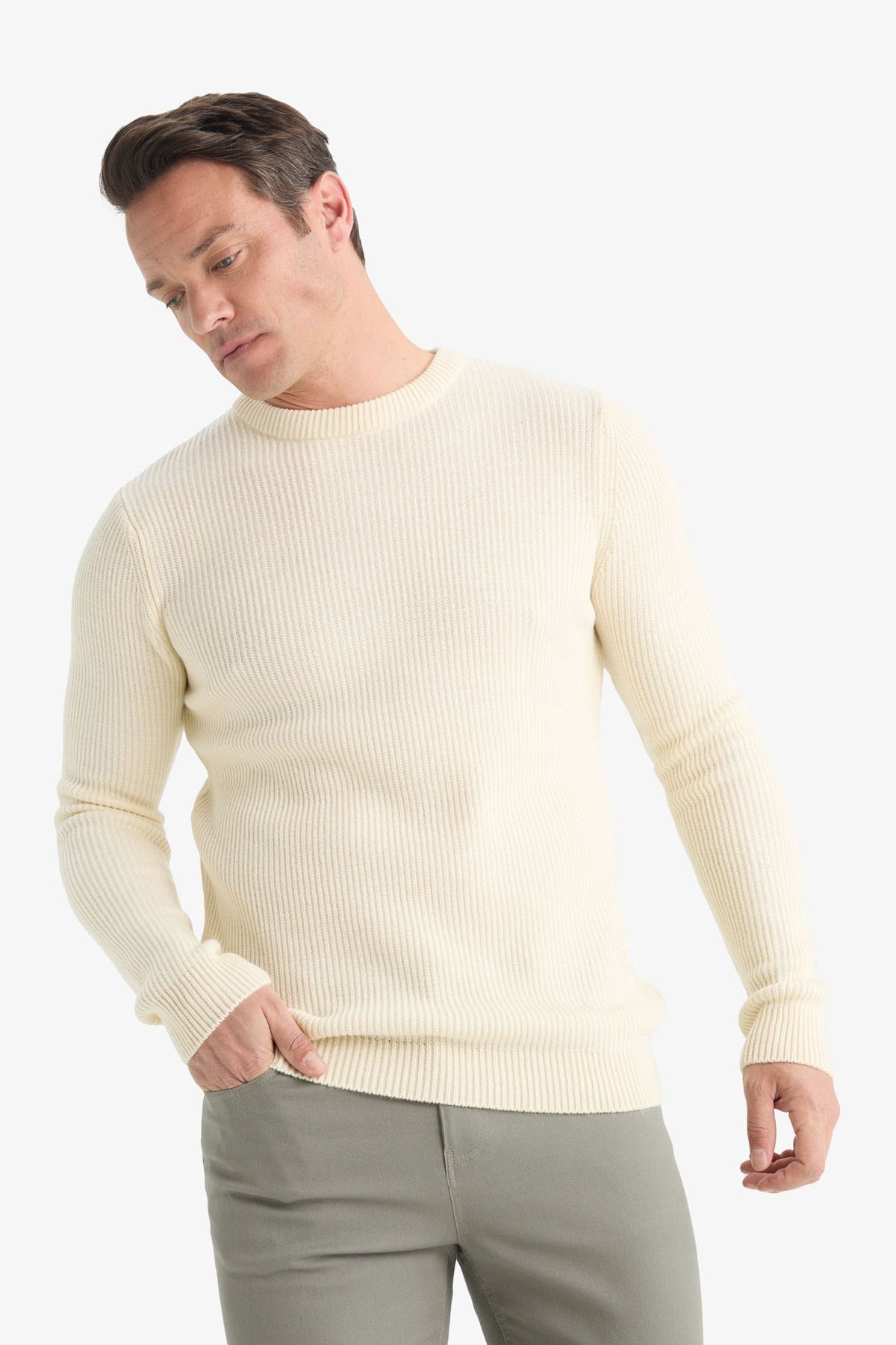 DeFacto-Standard Fit Regular Cut Crew Neck Textured Knitwear Sweater C8814Ax24Wn 3