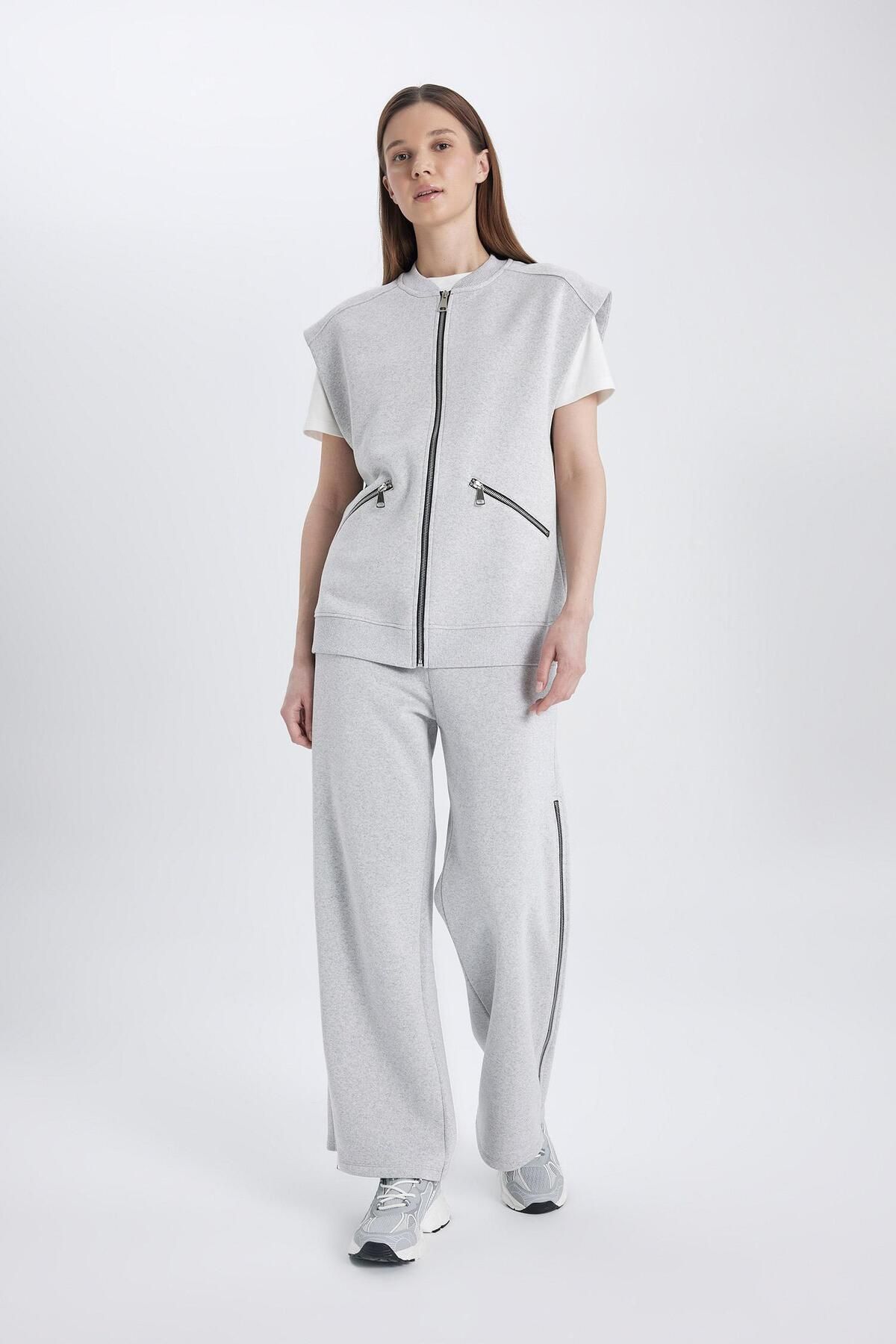 DeFacto-Pantaloni de trening de bază cu picioare largi și fermoar lateral - talie elastică C1818ax24sp 6