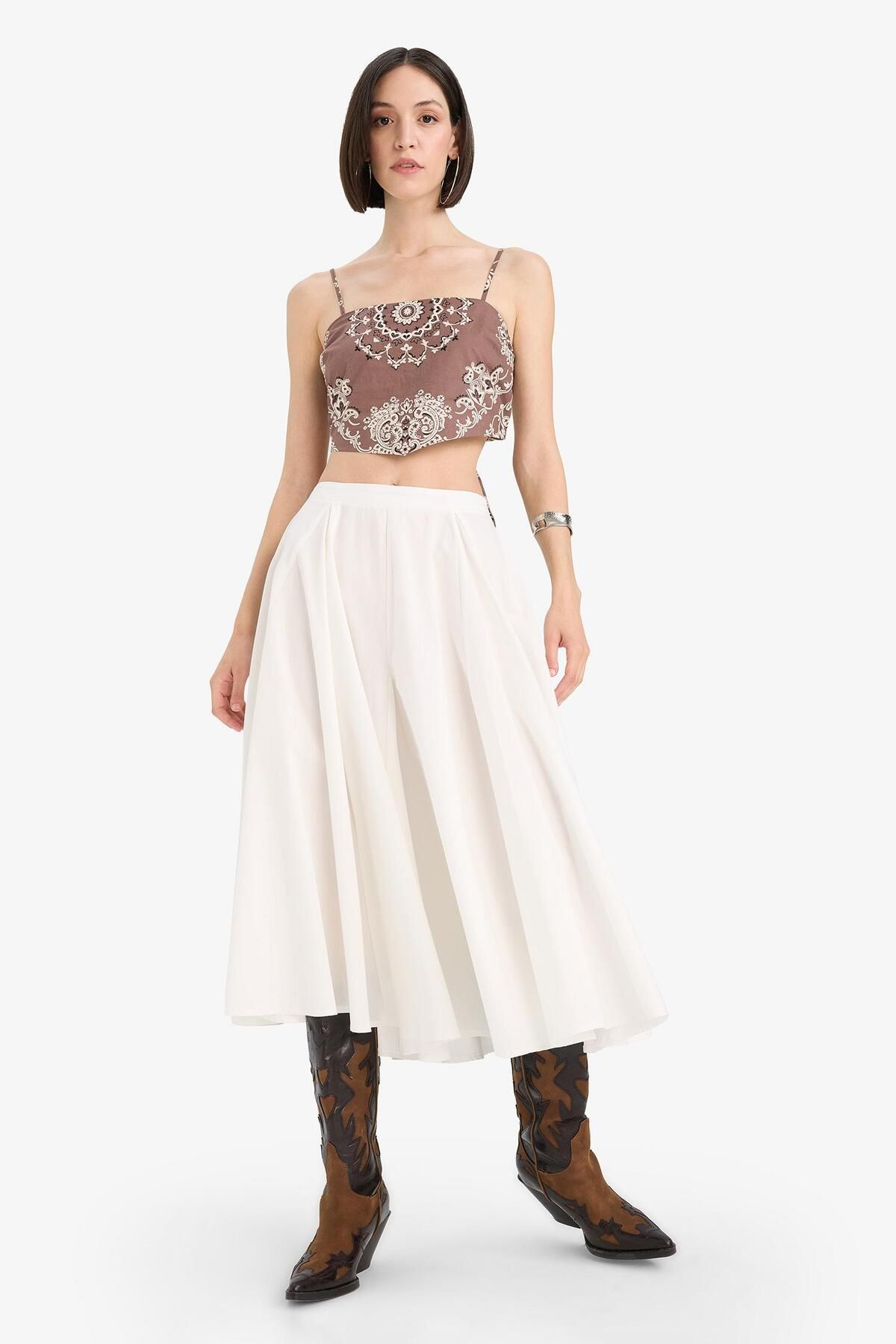 DeFacto-Afra X Defacto A-Line Regular Waist Lined Poplin Maxi Skirt F7388Ax25Sm 4